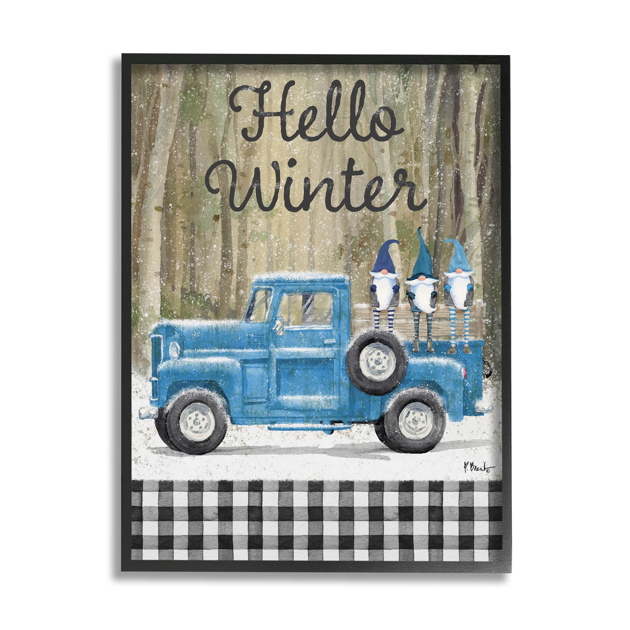 Stupell Industries Hello Winter Plaid Gnomes Graphic Art Black Framed Art Print Wall Art, Design by Paul Brent
