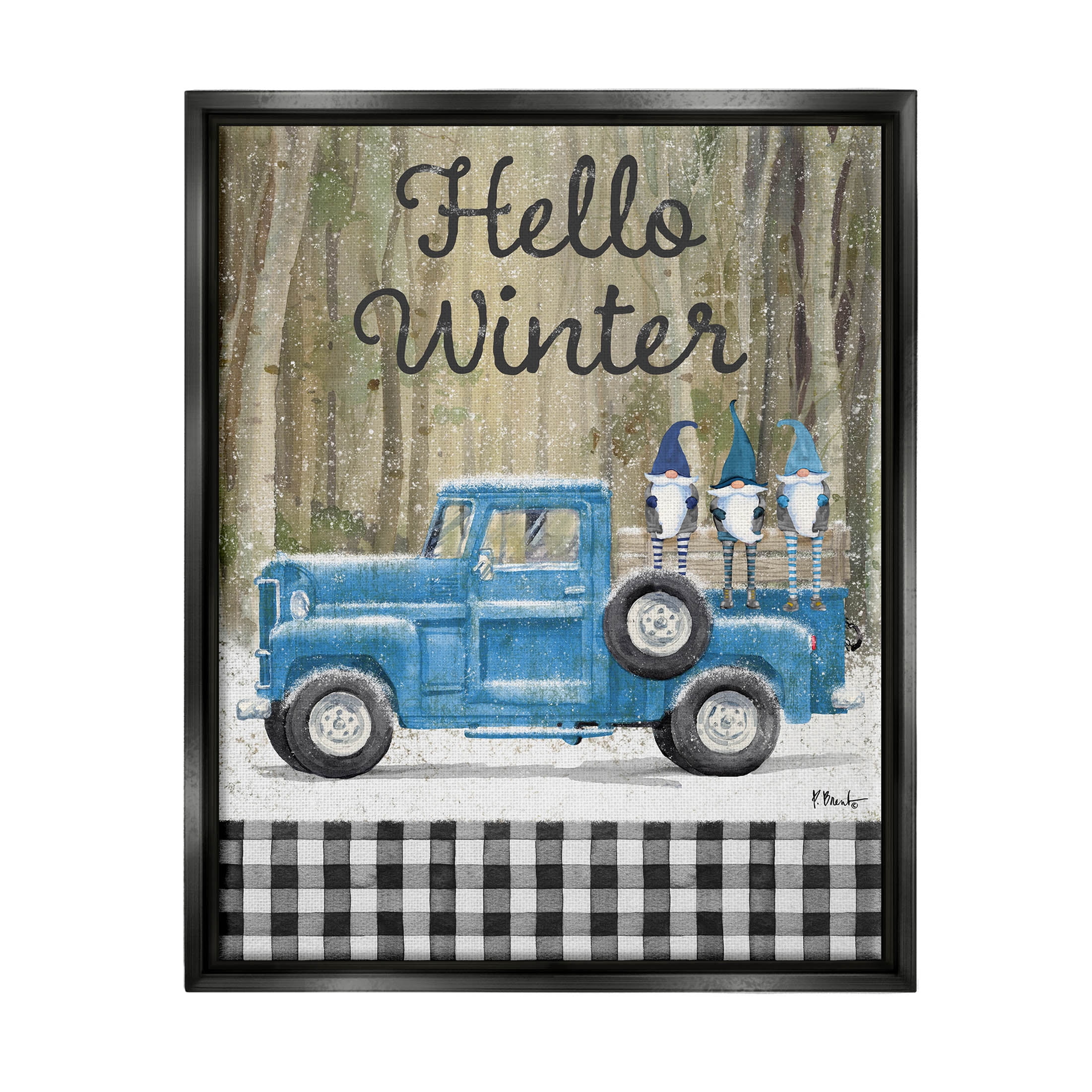 Stupell Industries Hello Winter Plaid Gnomes Graphic Art Jet Black Floating Framed Canvas Print Wall Art, Design by Paul Brent
