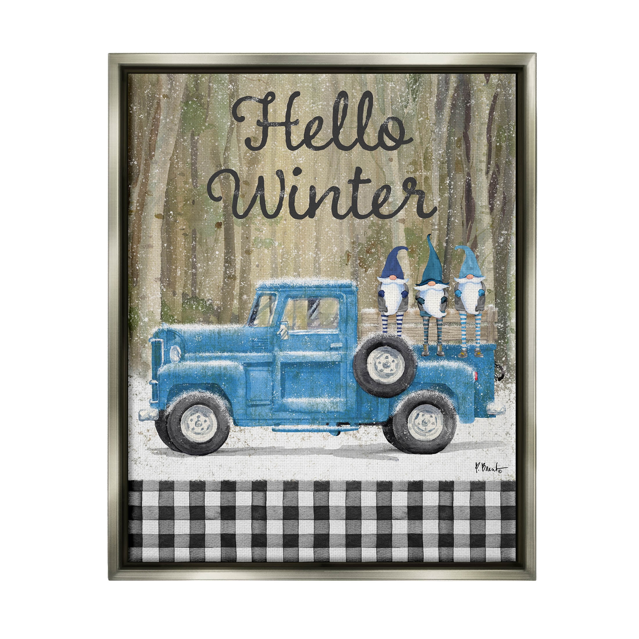 Stupell Industries Hello Winter Plaid Gnomes Graphic Art Luster Gray Floating Framed Canvas Print Wall Art, Design by Paul Brent