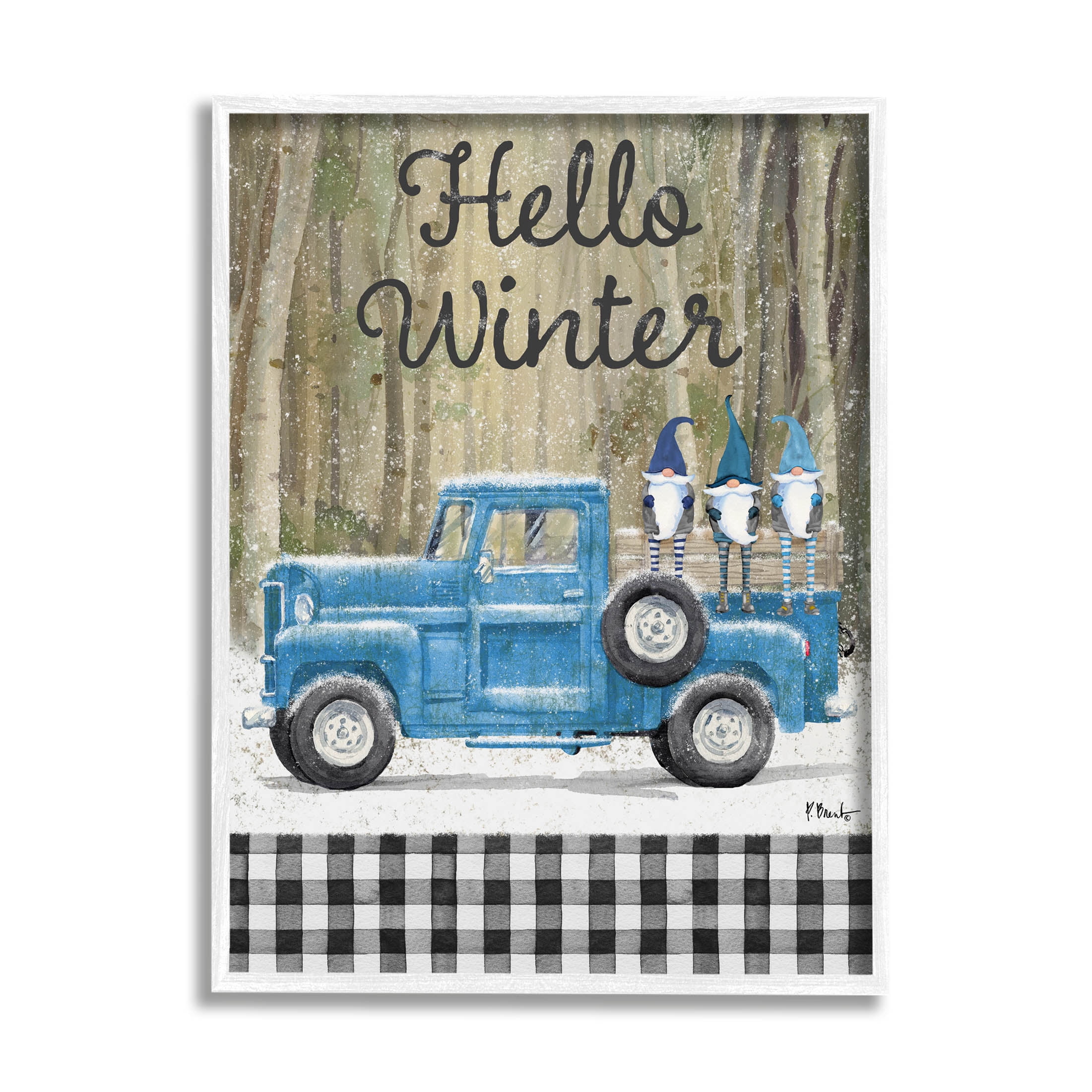 Stupell Industries Hello Winter Plaid Gnomes Graphic Art White Framed Art Print Wall Art, Design by Paul Brent