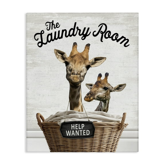 Stupell Industries Help Wanted Laundry Room Giraffes Quotes and Sayings Painting Wrapped Canvas Canvas Art Print Wall Art, 16 x 20