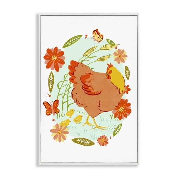 Stupell Industries Hen & Chicks Circular Florals Animals Painting White Framed Art Print Wall Art, 16 x 24