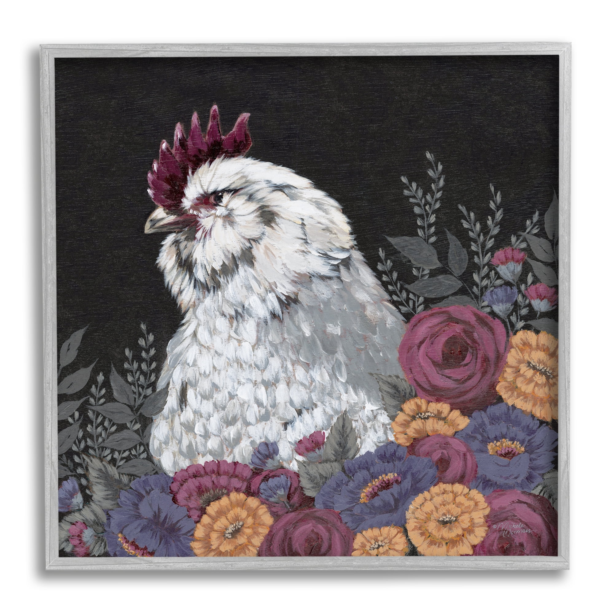 Gray Framed Hen and Country Florals Canvas Print, 12" x 12"