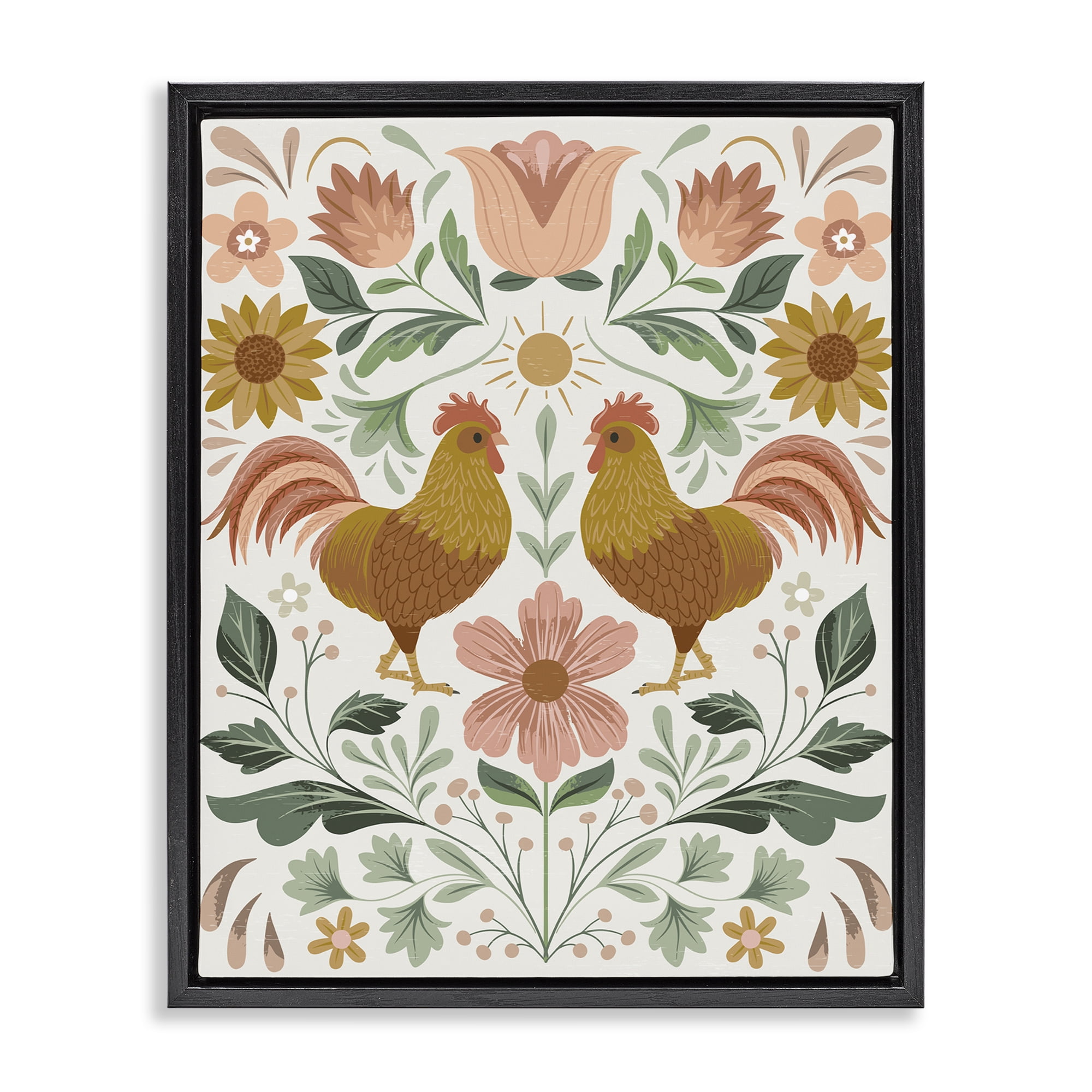 Stupell Industries Hen & Florals Pattern Animals Painting Black Floater Framed Canvas Art Print Wall Art, 17 x 21