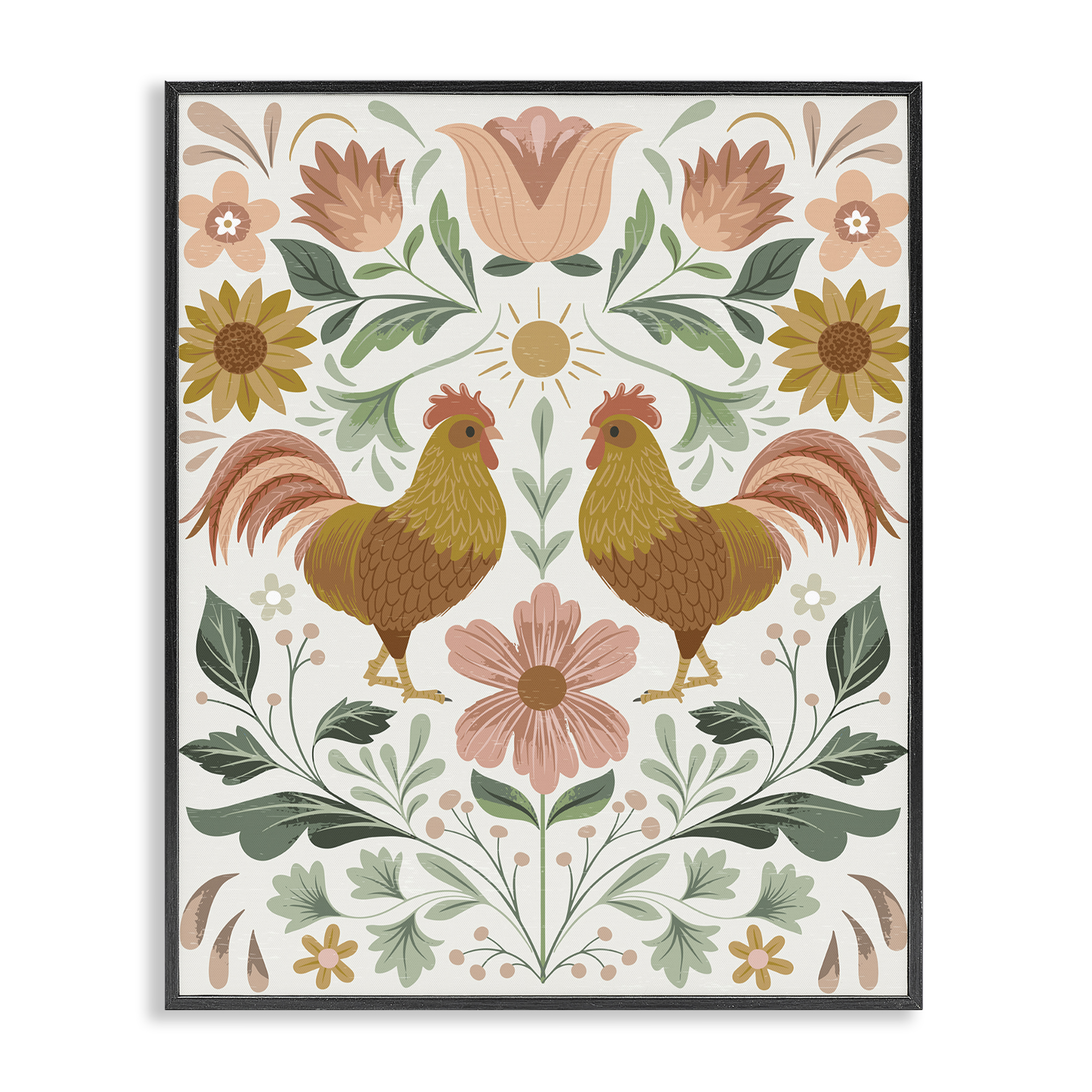 Stupell Industries Hen & Florals Pattern Animals Painting Black Framed Art Print Wall Art, 16 x 20