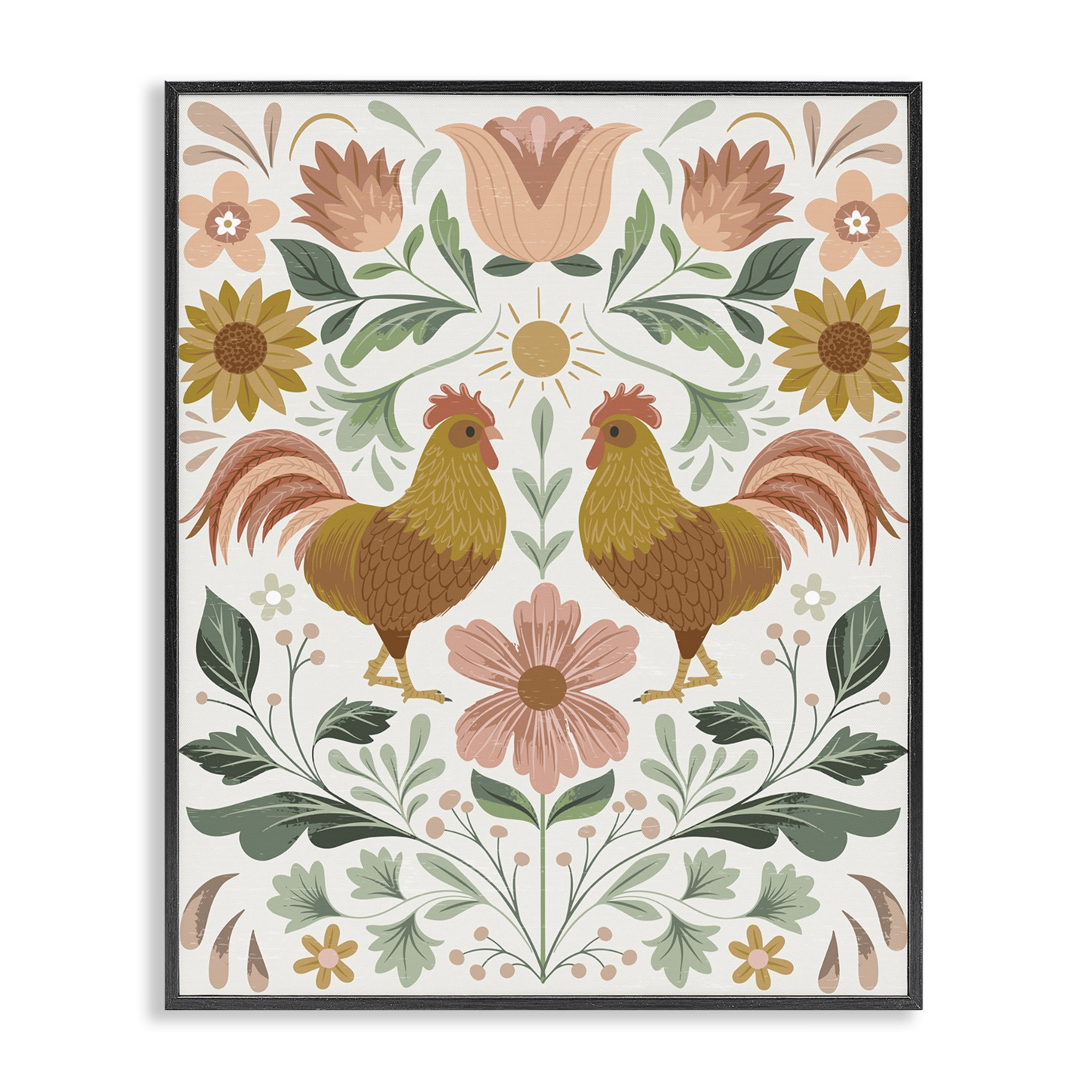 Stupell Industries Hen & Florals Pattern Animals Painting Black Framed Art Print Wall Art, 24 x 30
