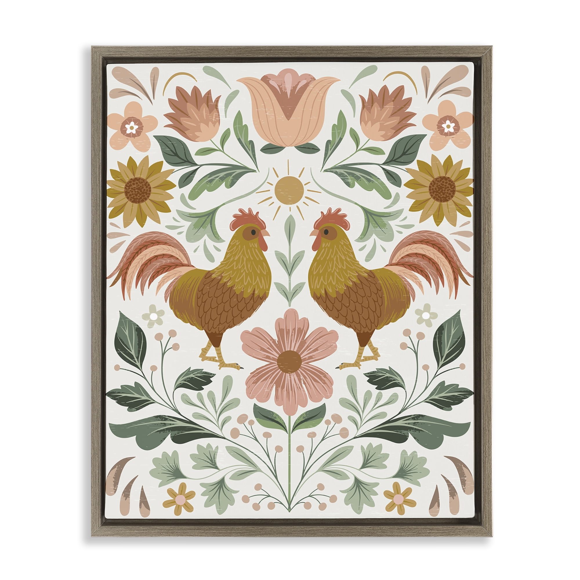 Stupell Industries Hen & Florals Pattern Animals Painting Brown Floater Framed Canvas Art Print Wall Art, 25 x 31