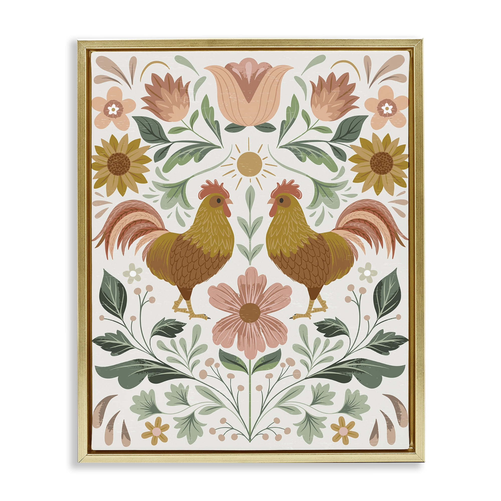 Stupell Industries Hen & Florals Pattern Animals Painting Gold Floater Framed Canvas Art Print Wall Art, 25 x 31