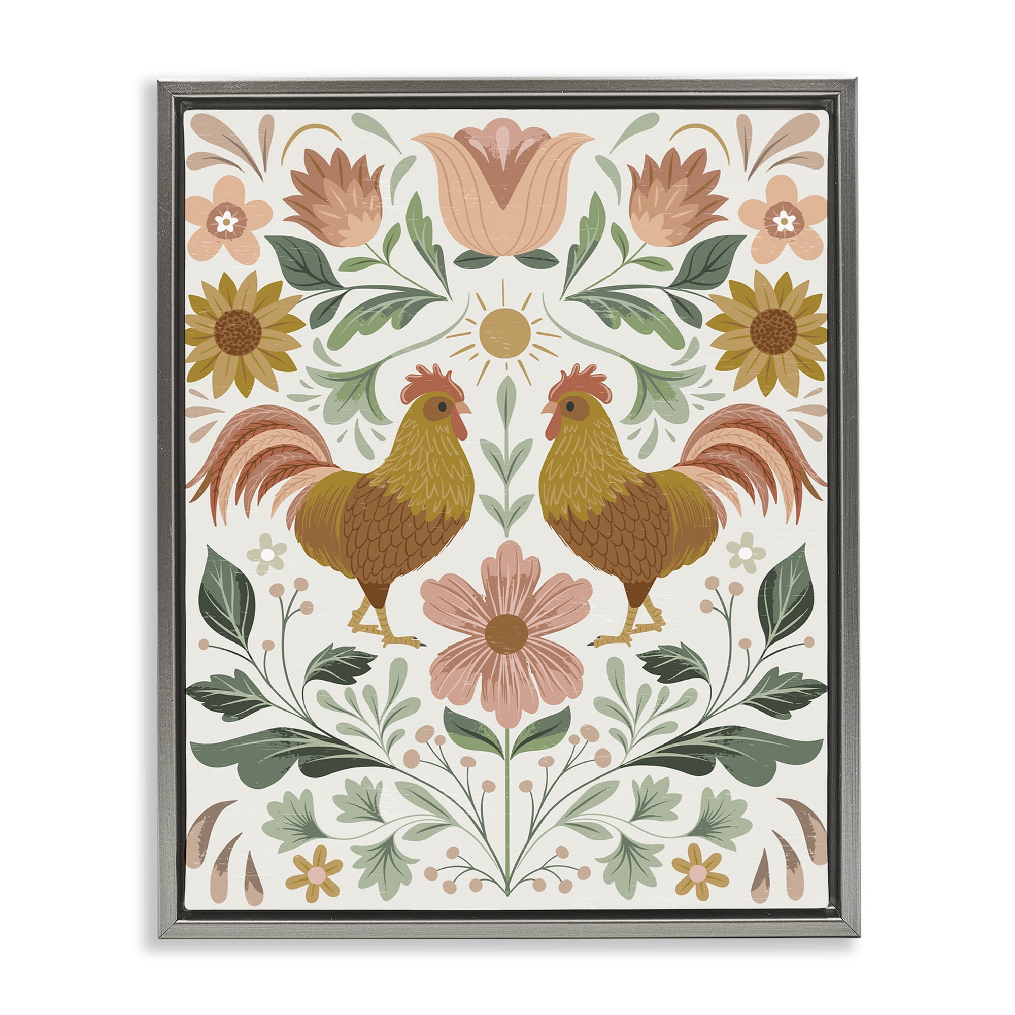 Stupell Industries Hen & Florals Pattern Animals Painting Gray Floater Framed Canvas Art Print Wall Art, 17 x 21