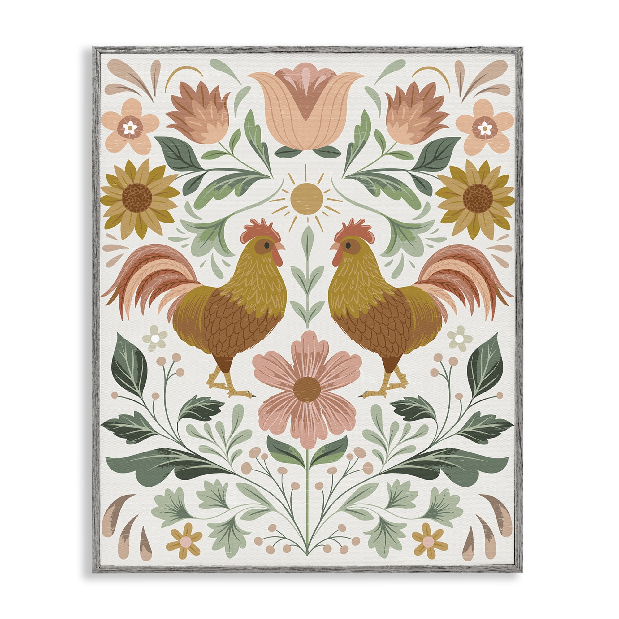 Stupell Industries Hen & Florals Pattern Animals Painting Gray Framed Art Print Wall Art, 24 x 30