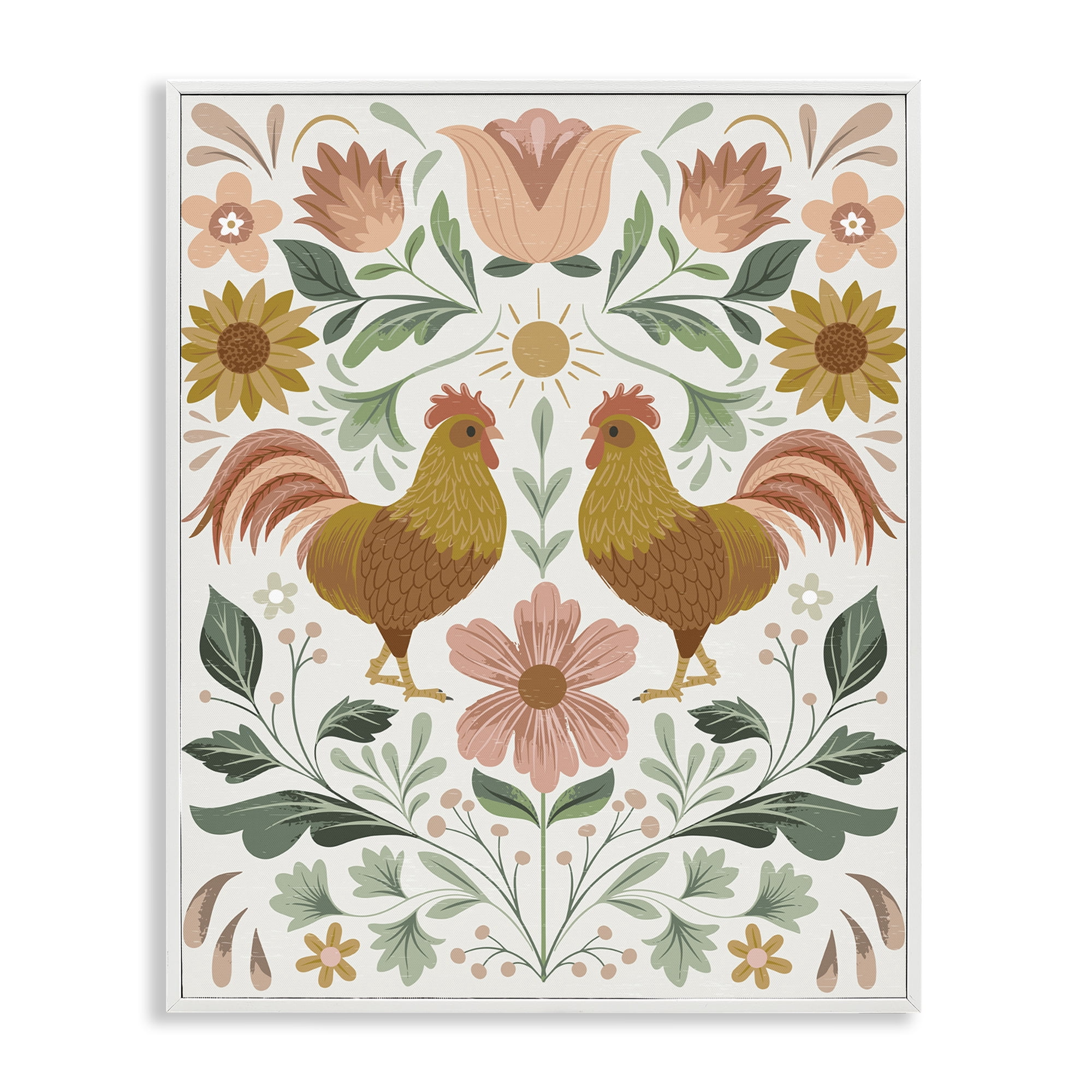 Stupell Industries Hen & Florals Pattern Animals Painting White Framed Art Print Wall Art, 24 x 30