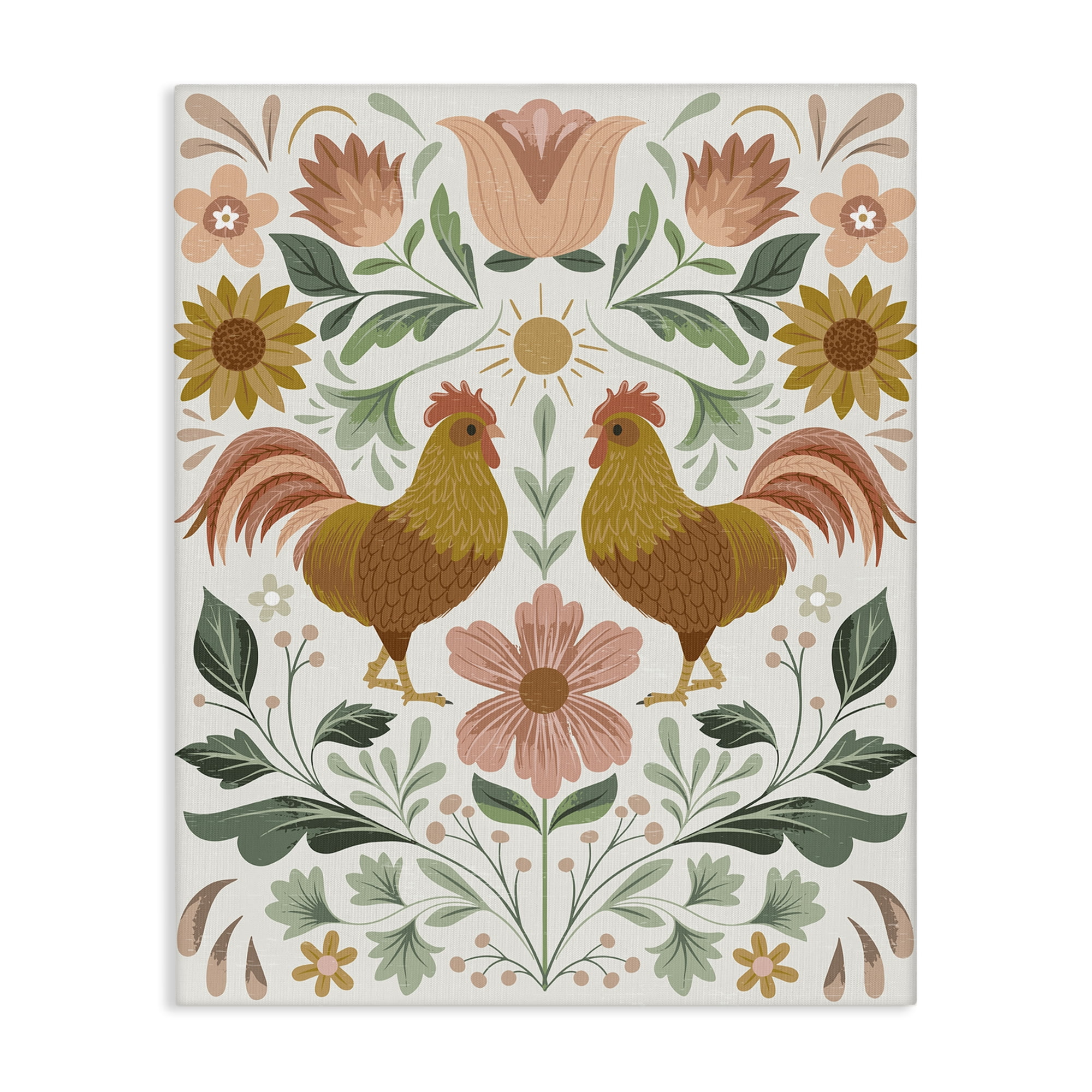 Stupell Industries Hen & Florals Pattern Animals Painting Wrapped Canvas Art Print Wall Art, 16 x 20