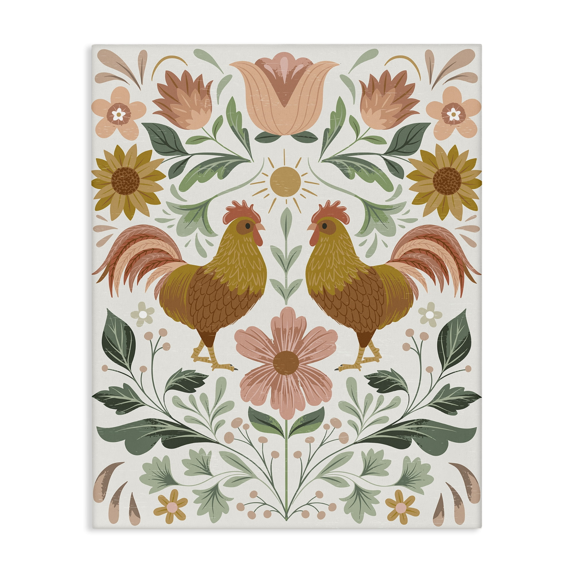 Stupell Industries Hen & Florals Pattern Animals Painting Wrapped Canvas Art Print Wall Art, 36 x 48