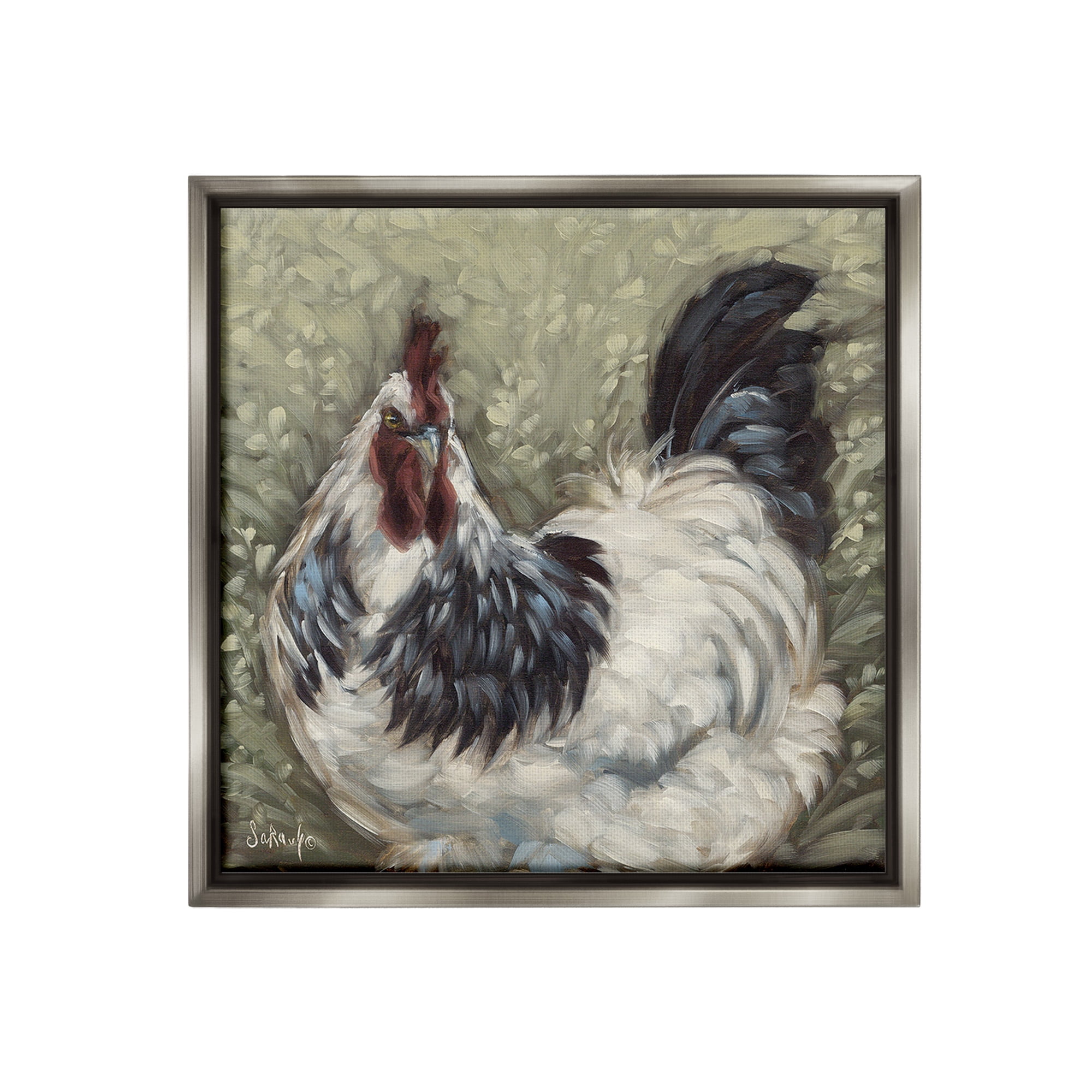 Stupell Industries Hen in Country Meadow Animals & Insects Painting Gray Floater Framed Canvas Art Print Wall Art, 18 x 18