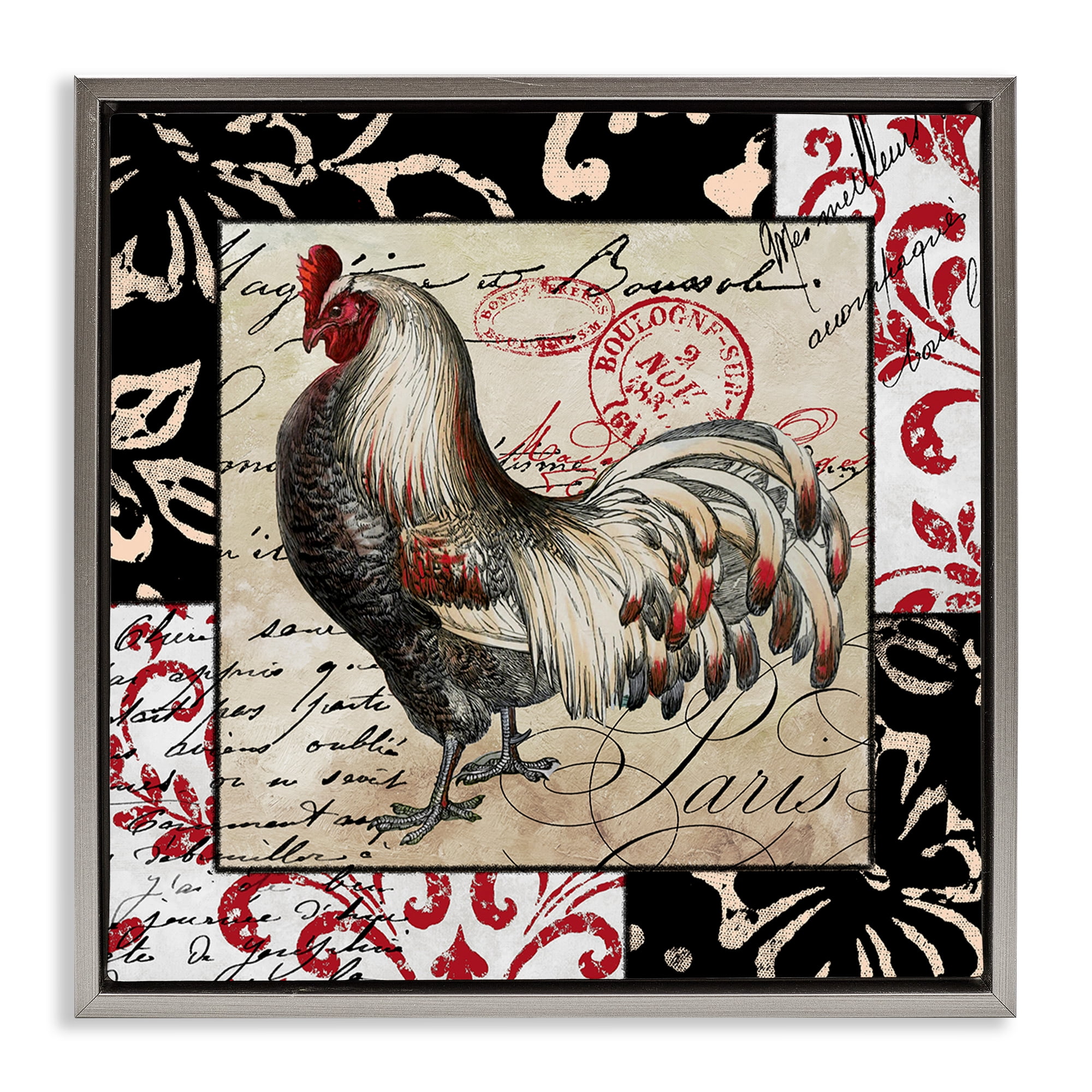 Stupell Industries Hen with Vintage Cursive Animals Painting Gray Floater Framed Canvas Art Print Wall Art, 25 x 25