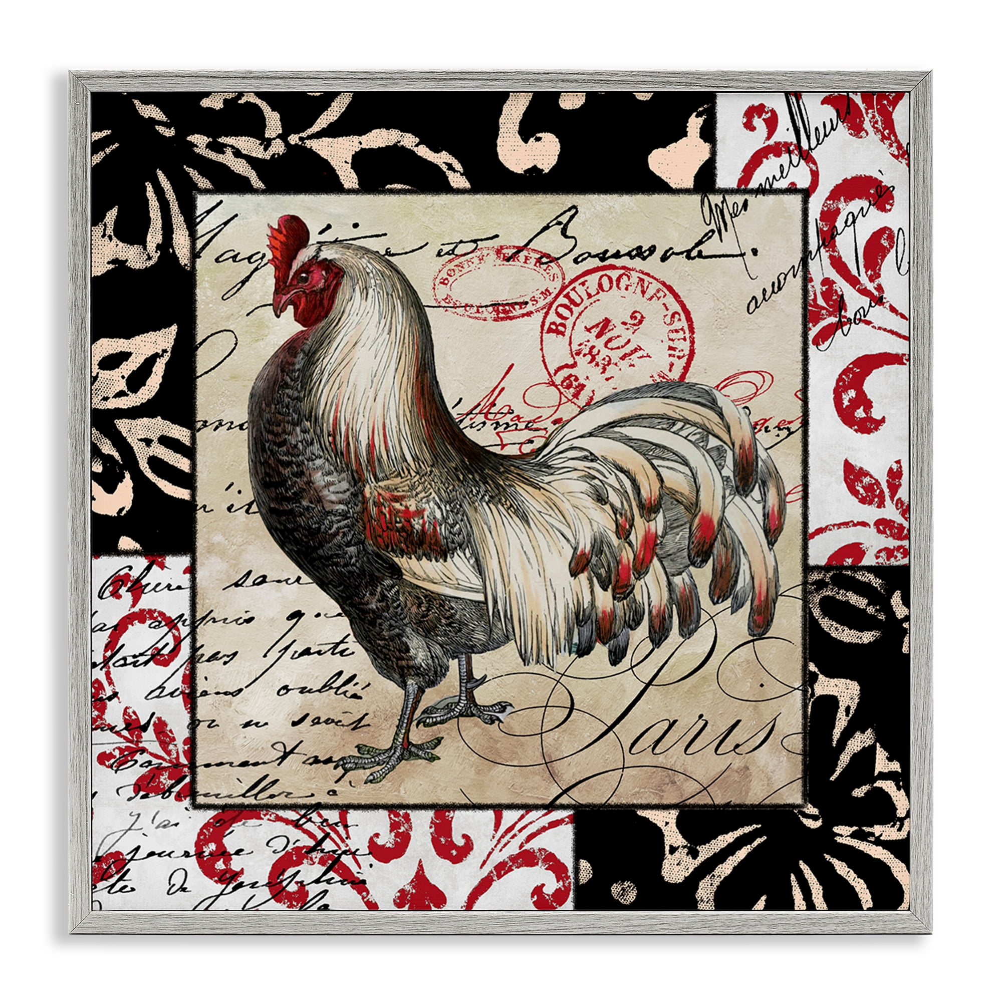 Stupell Industries Hen with Vintage Cursive Animals Painting Gray Framed Art Print Wall Art, 24 x 24