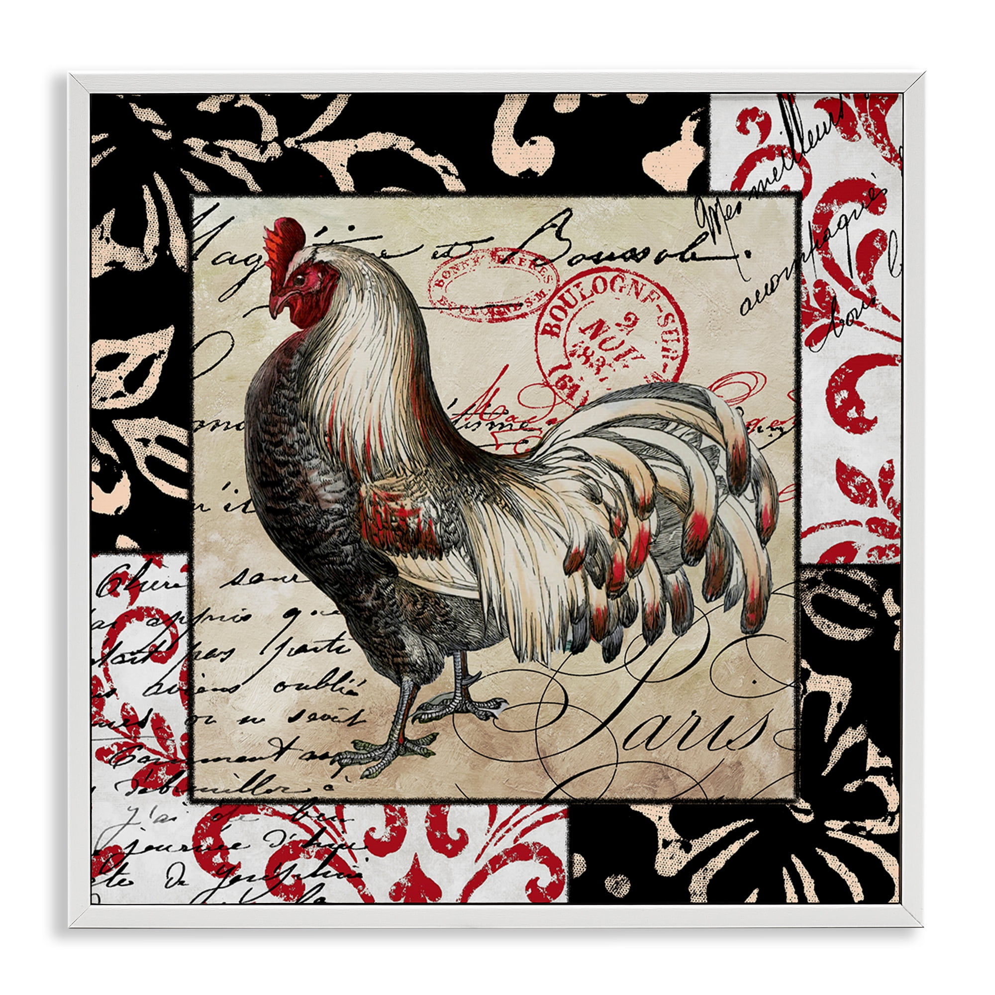 Stupell Industries Hen with Vintage Cursive Animals Painting White Framed Art Print Wall Art, 24 x 24