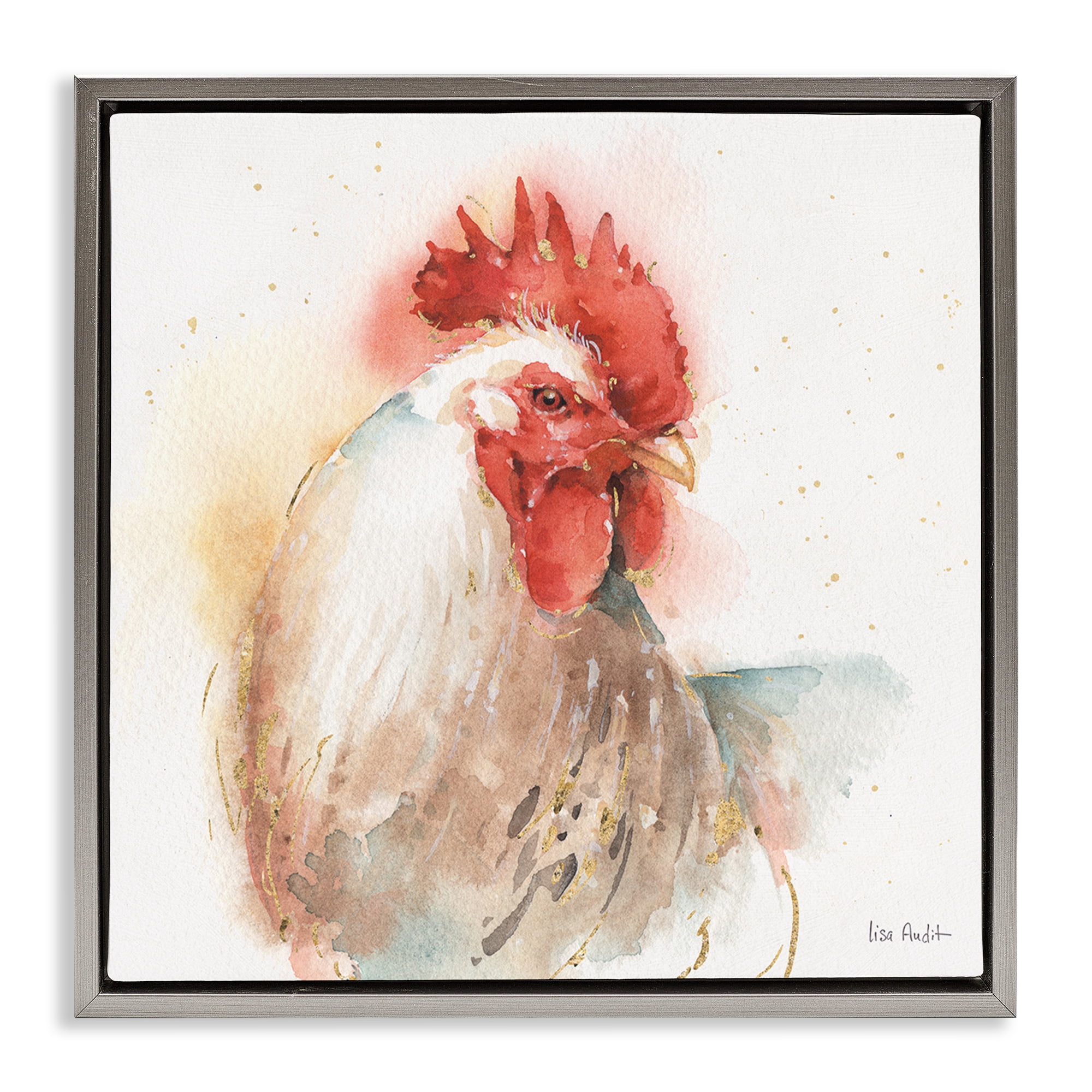 Stupell Industries Hen with Watercolor Splash Animals & Insects Painting Gray Floater Framed Canvas Art Print Wall Art, 25 x 25