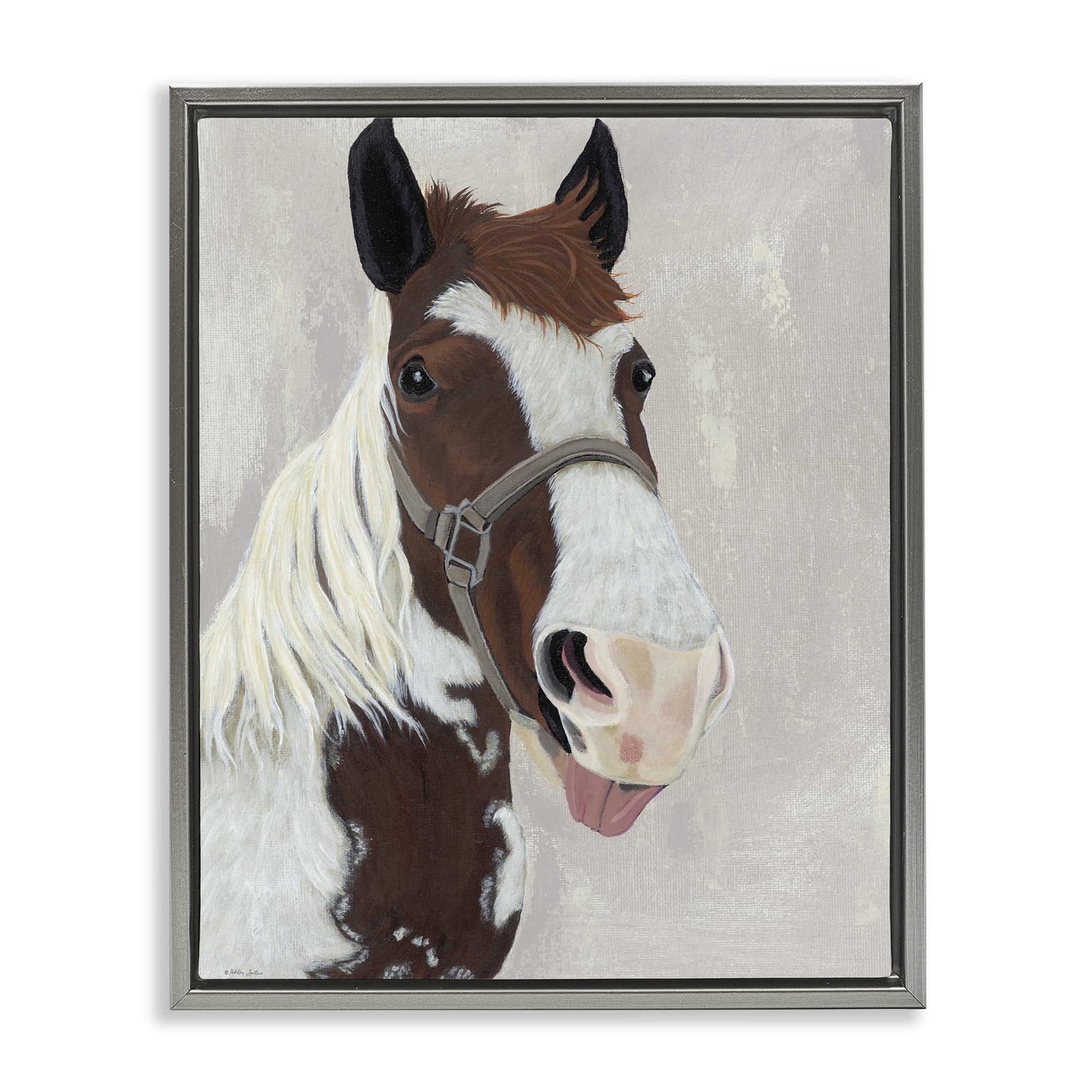 Stupell Industries Henry Horse Funny Tongue Gray Framed Floater Canvas Wall Art, design by Ashley Justice