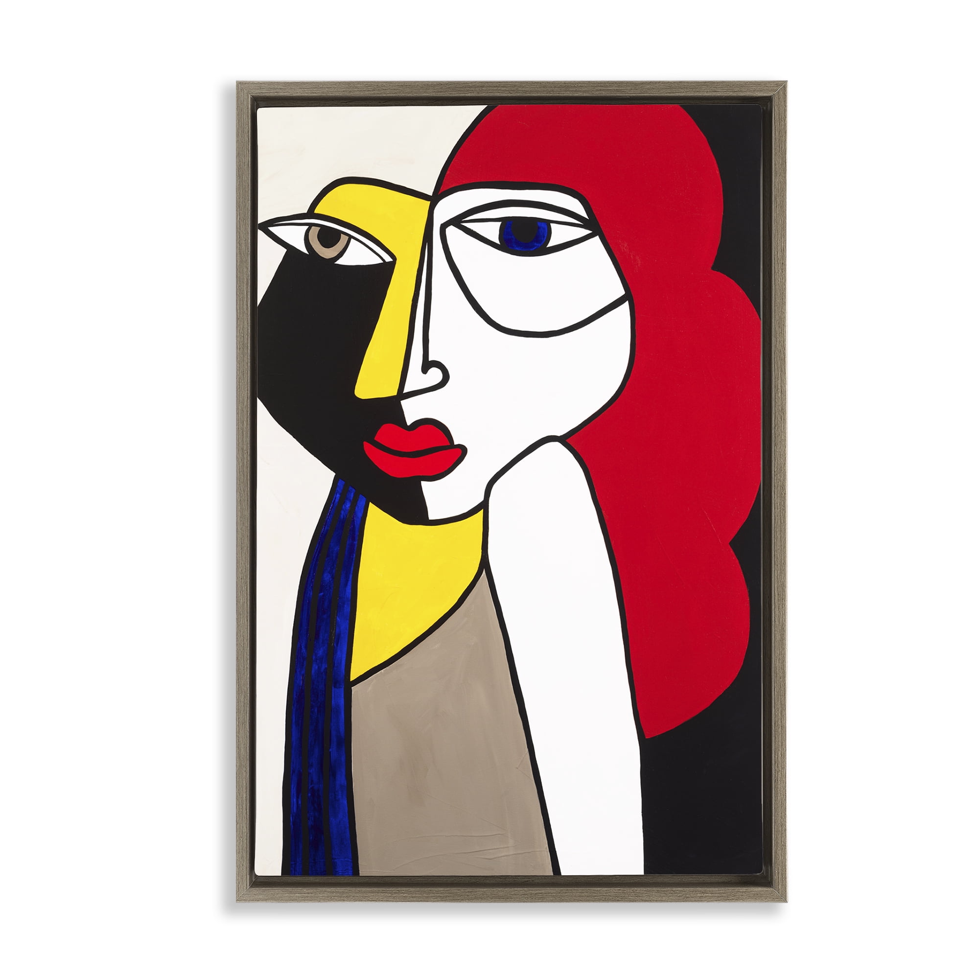 Stupell Industries Her Abstract Cubism Face People Painting Brown Floater Framed Canvas Art Print Wall Art, 21 x 31