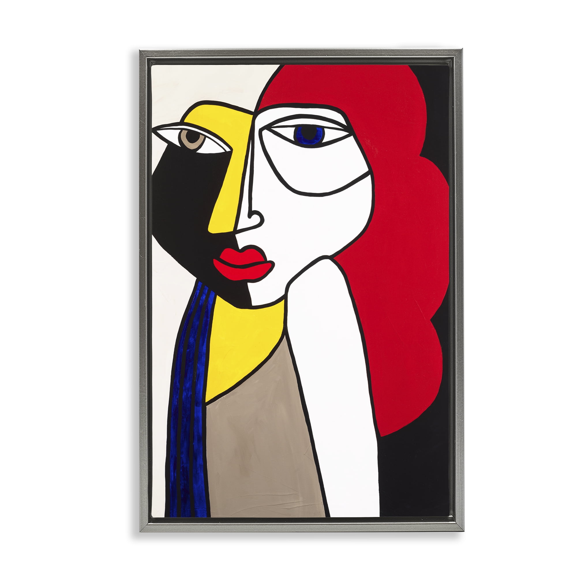 Stupell Industries Her Abstract Cubism Face People Painting Gray Floater Framed Canvas Art Print Wall Art, 17 x 25