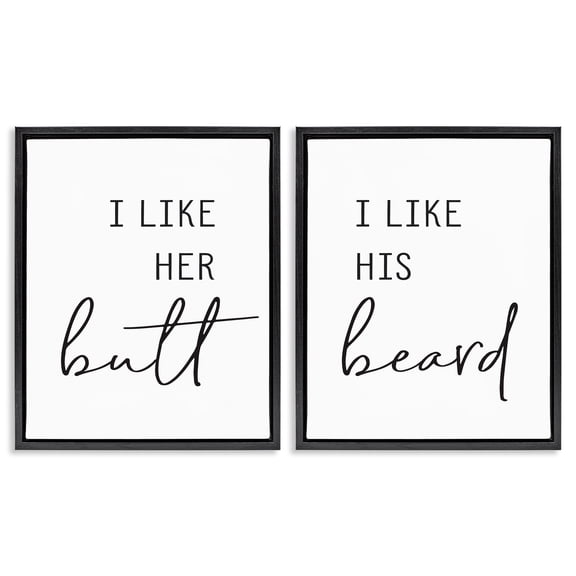Stupell Industries Her Butt His Beard Funny Romantic Typography Painting Black Floater Framed Canvas Art Print Wall Art, 25 x 31, Set of 2