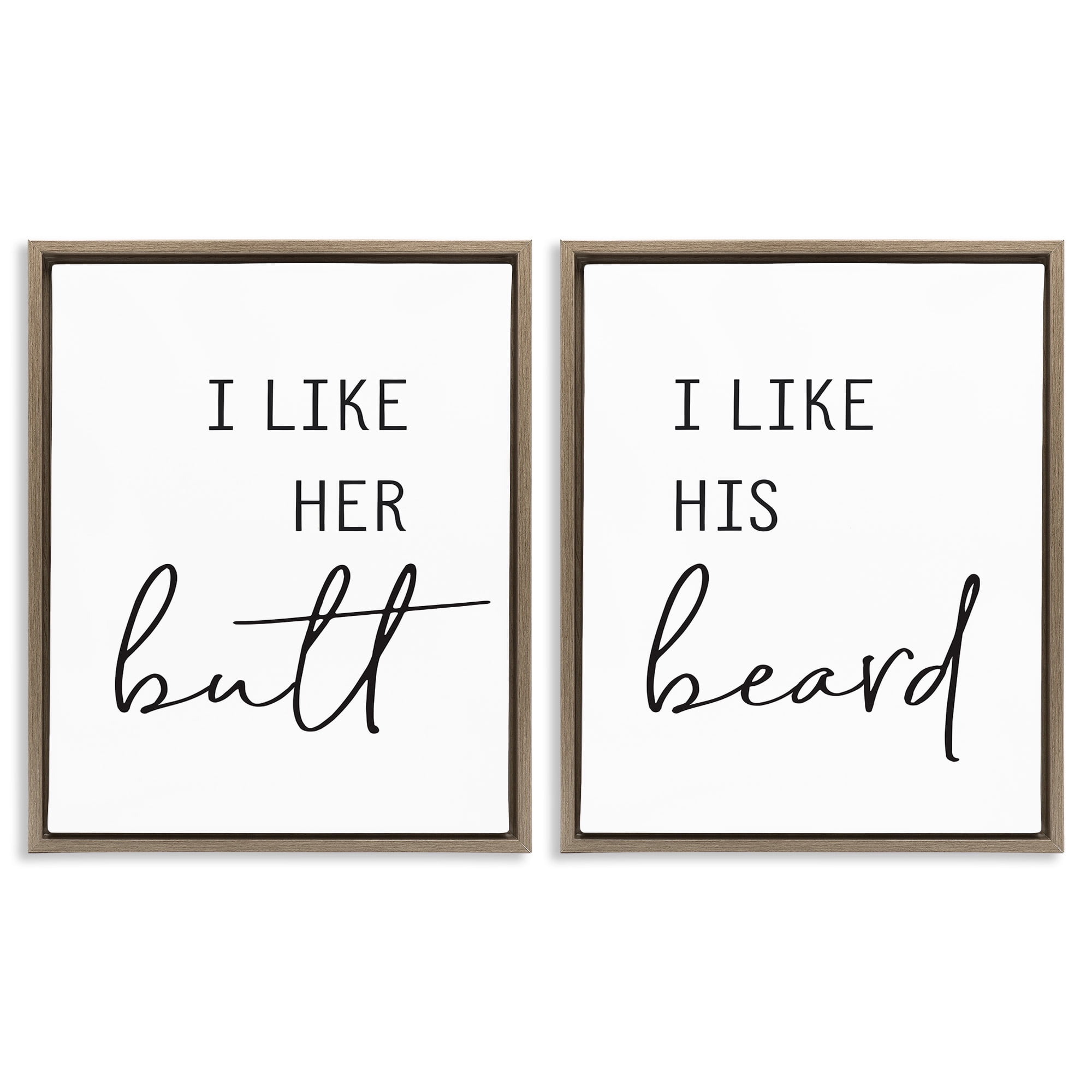 Stupell Industries Her Butt His Beard Funny Romantic Typography Painting Brown Floater Framed Canvas Art Print Wall Art, 17 x 21, Set of 2