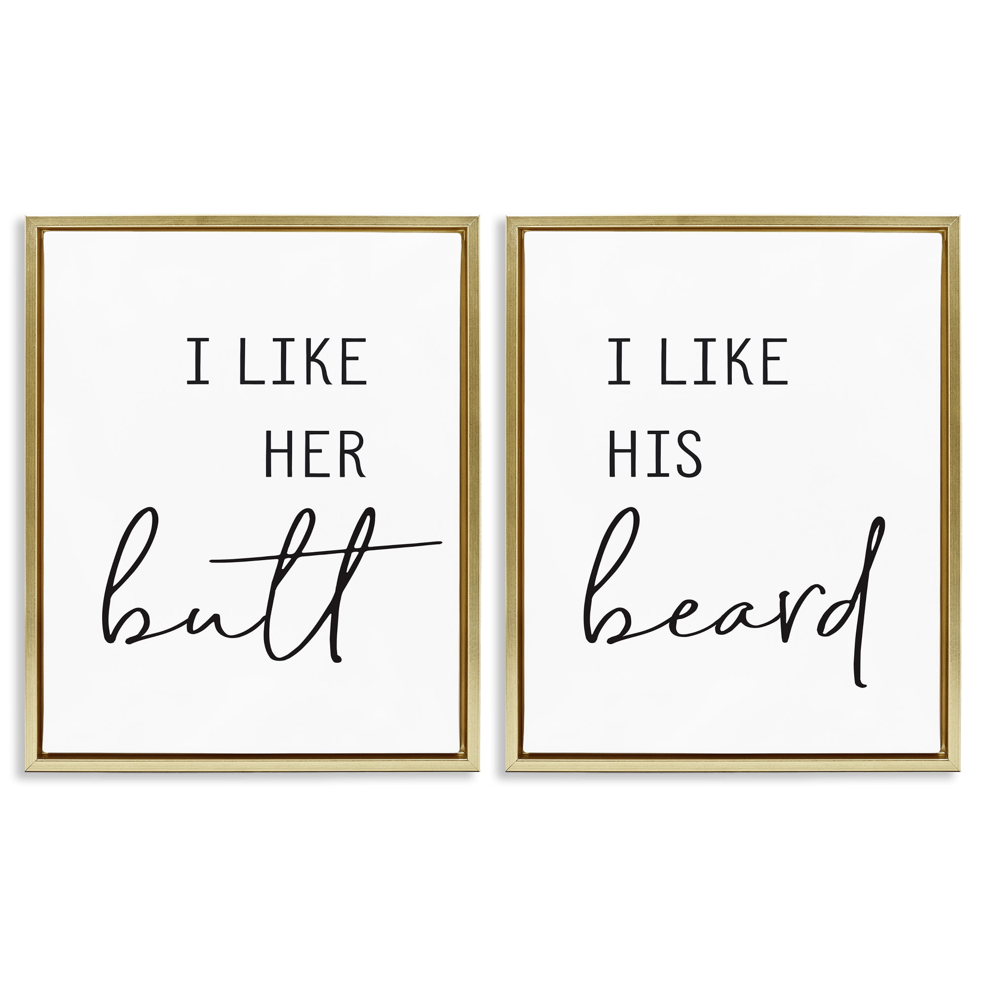 Stupell Industries Her Butt His Beard Funny Romantic Typography Painting Gold Floater Framed Canvas Art Print Wall Art, 17 x 21, Set of 2