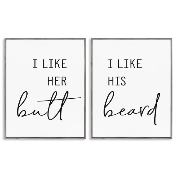 Stupell Industries Her Butt His Beard Funny Romantic Typography Painting Gray Framed Art Print Wall Art, 16 x 20, Set of 2