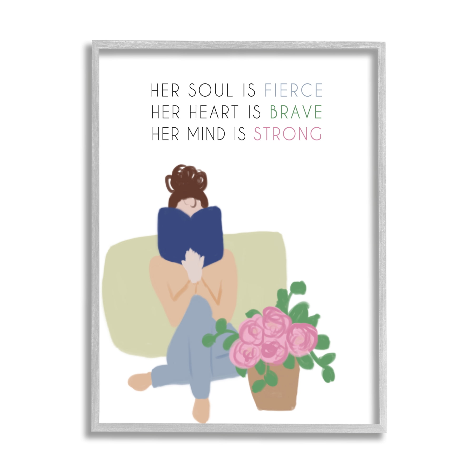 Stupell Industries Her Soul is Fierce Motivational Phrases Woman Reading Book Inspirational Painting Gray Framed Art Print Wall Art, 24 x 30