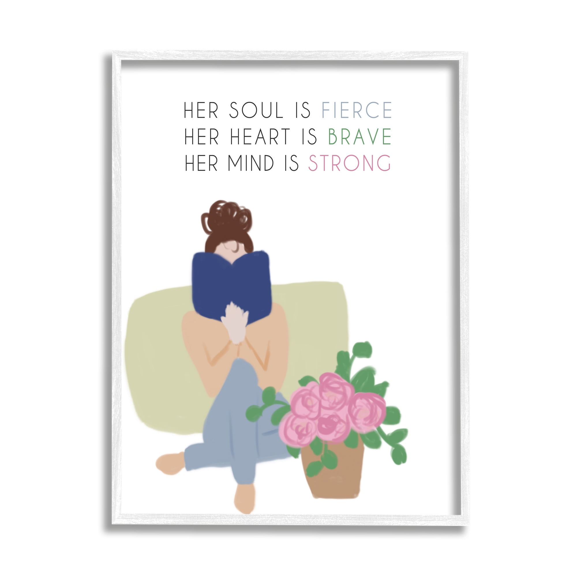 Stupell Industries Her Soul is Fierce Motivational Phrases Woman Reading Book Inspirational Painting White Framed Art Print Wall Art, 24 x 30