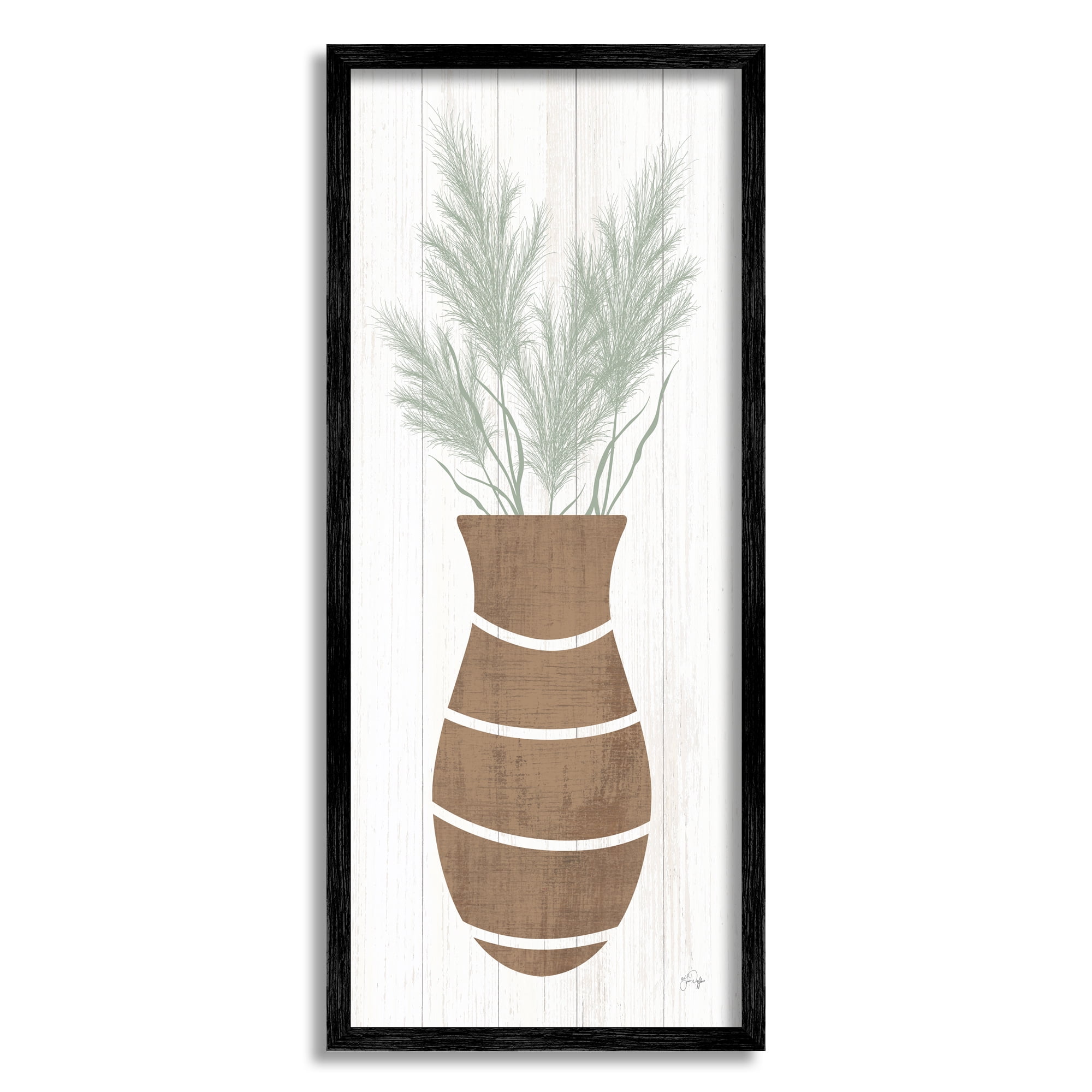 Stupell Industries Herbal Flower Sprigs Striped Vase Shape Grain Pattern Graphic Art Black Framed Art Print Wall Art, Design by Yass Naffas Designs
