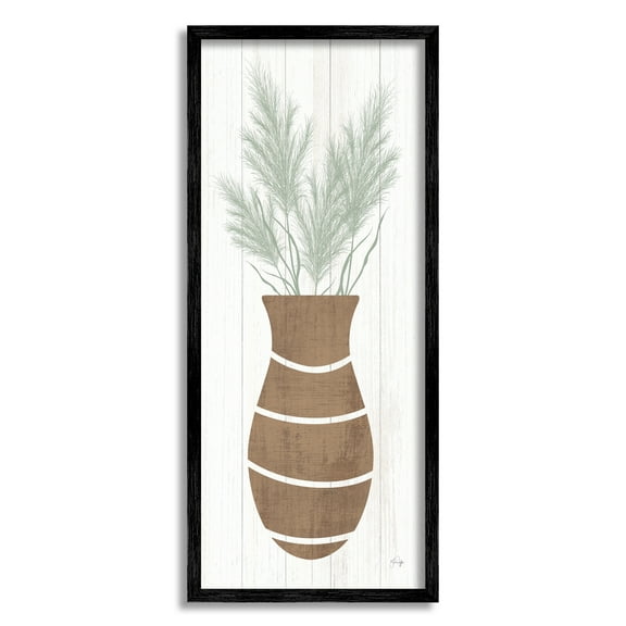 Stupell Industries Herbal Flower Sprigs Striped Vase Shape Grain Pattern Graphic Art Black Framed Art Print Wall Art, Design by Yass Naffas Designs