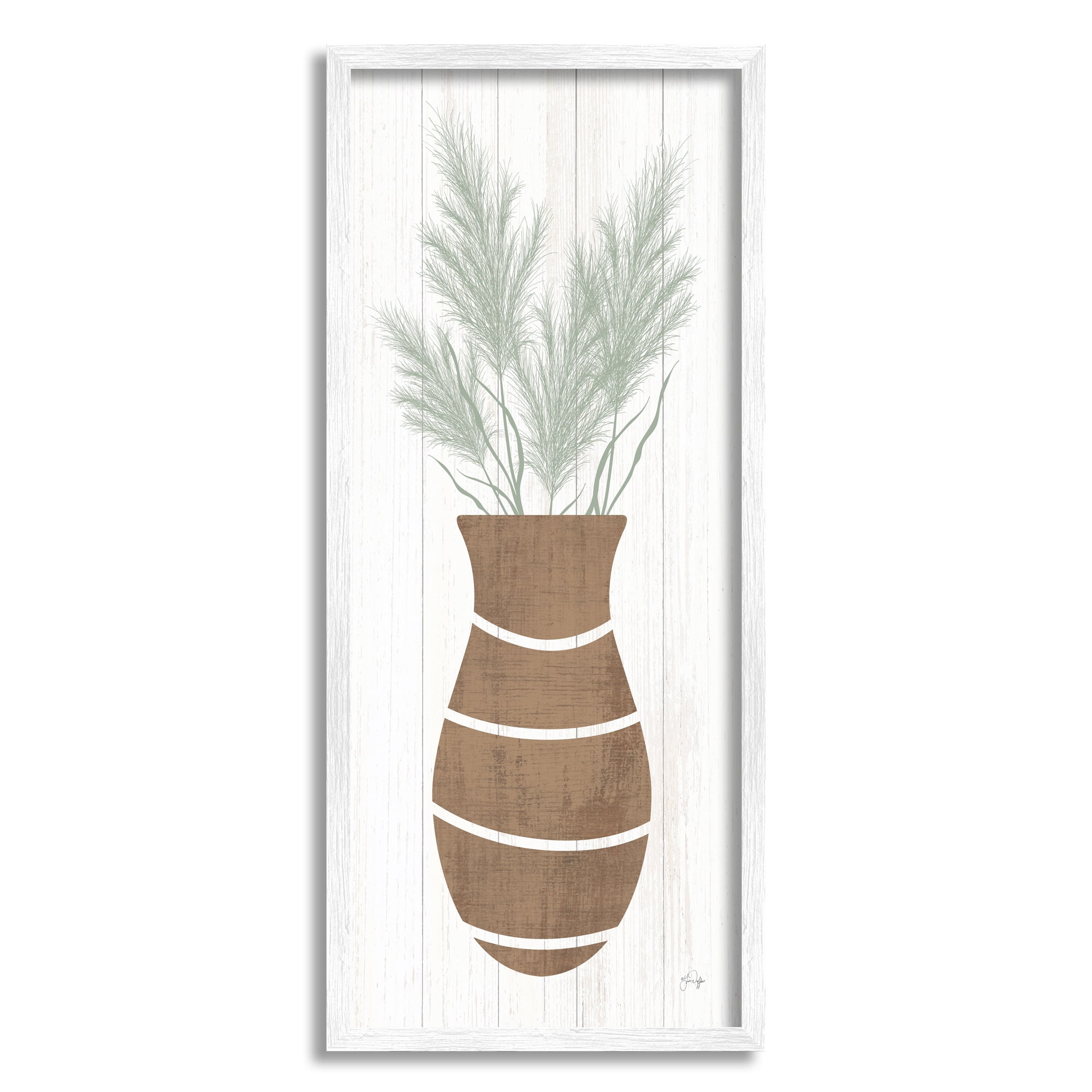 Stupell Industries Herbal Flower Sprigs Striped Vase Shape Grain Pattern Graphic Art White Framed Art Print Wall Art, Design by Yass Naffas Designs