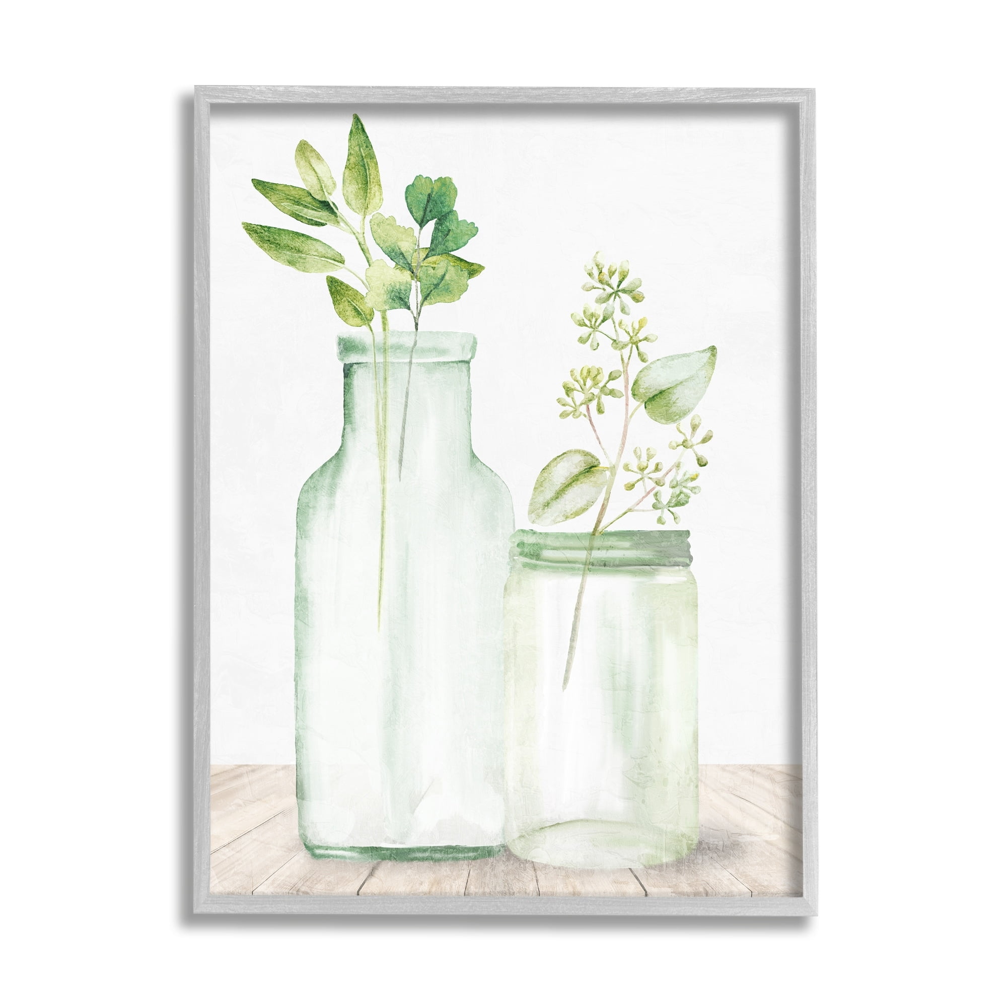Stupell Industries Herbal Plant Sprigs Country Glass Jars Rustic Painting Graphic Art Gray Framed Art Print Wall Art, Design by Kim Allen