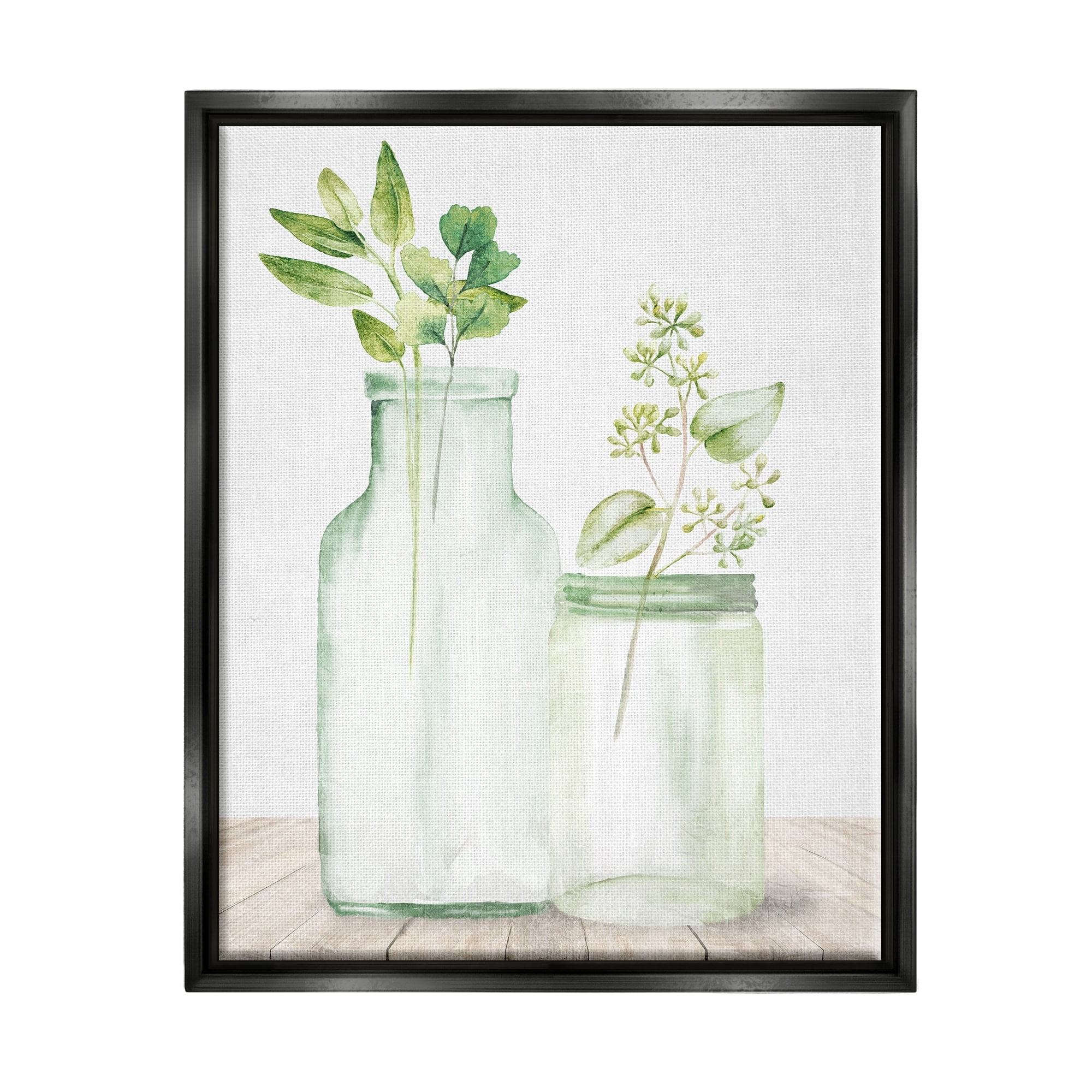 Stupell Industries Herbal Plant Sprigs Country Glass Jars Rustic Painting Graphic Art Jet Black Floating Framed Canvas Print Wall Art, Design by Kim Allen