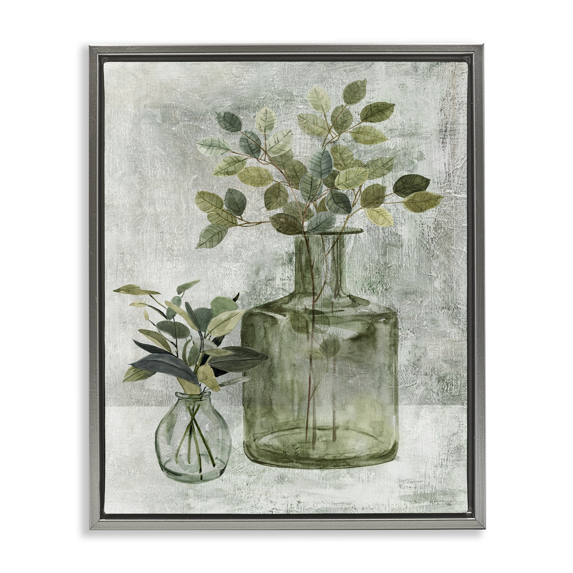 Stupell Industries Herbal Plants with Green Leaves Botanical & Floral Painting Gray Floater Framed Canvas Art Print Wall Art, 17 x 21