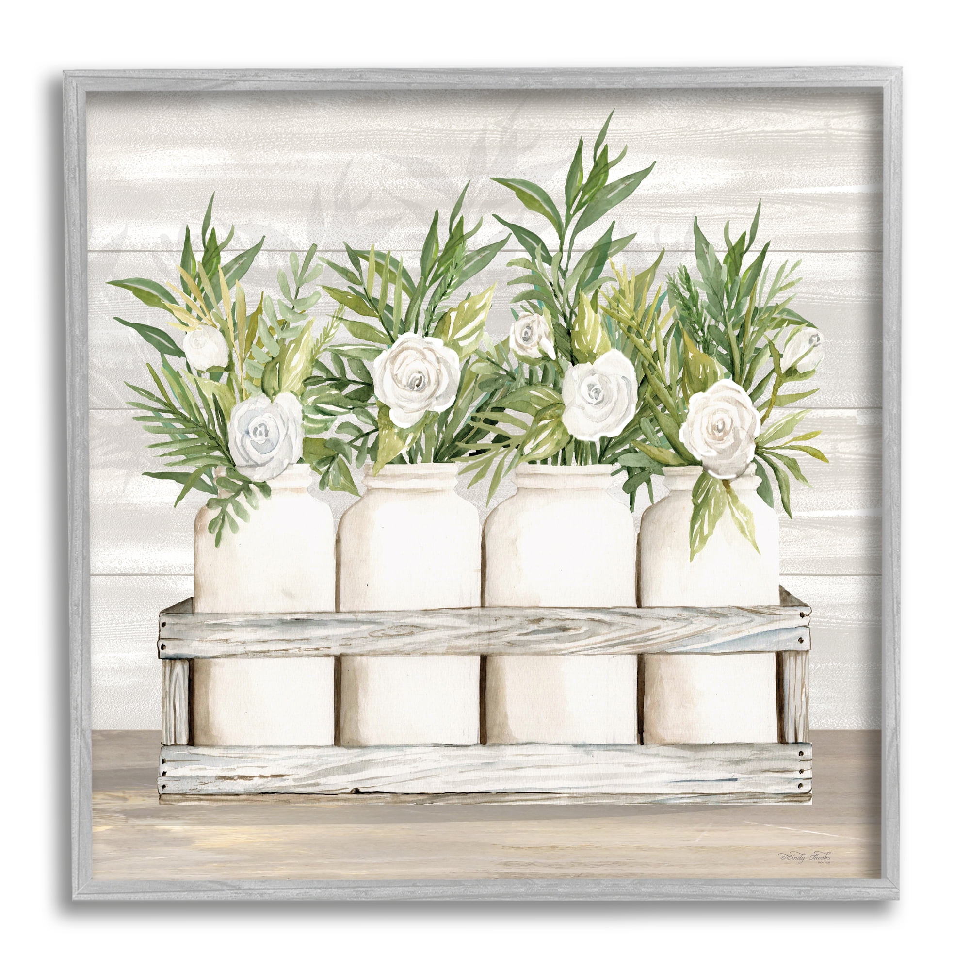 Stupell Industries Herbs & Florals Jars Botanical & Floral Painting Gray Framed Art Print Wall Art, 17 x 17