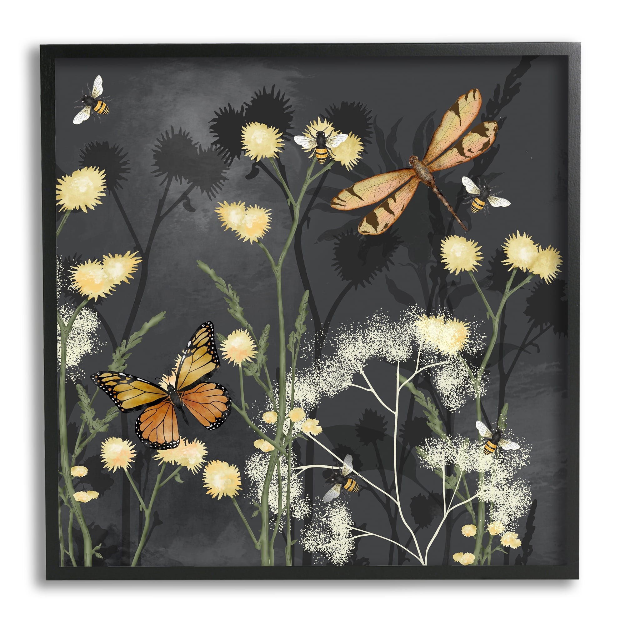 Stupell Industries Herbs & Insects on Grey Botanical & Floral Painting Black Framed Art Print Wall Art, 17 x 17