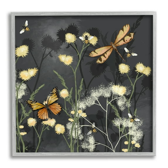 Stupell Industries Herbs & Insects on Grey Botanical & Floral Painting Gray Framed Art Print Wall Art, 17 x 17