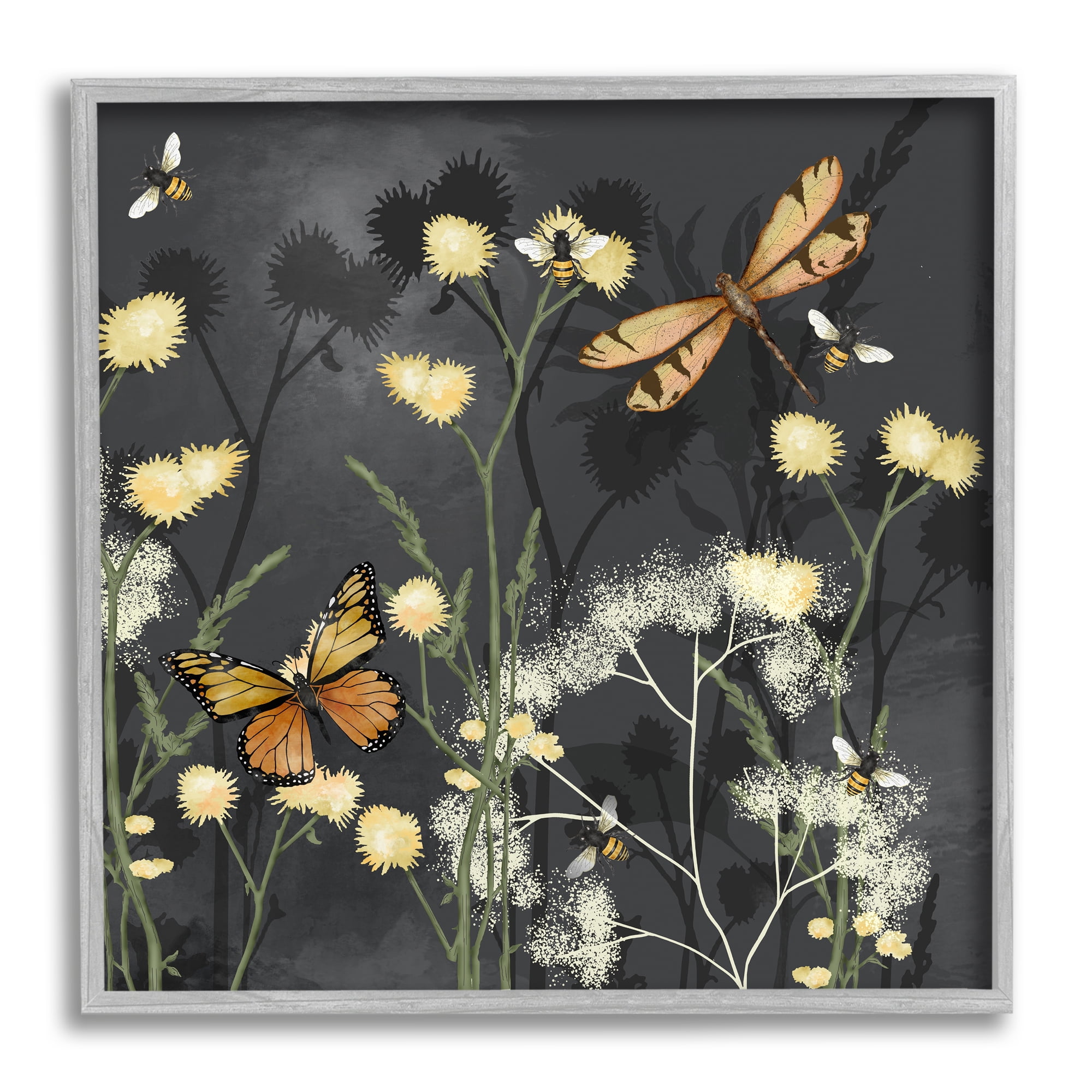 Stupell Industries Herbs & Insects on Grey Botanical & Floral Painting Gray Framed Art Print Wall Art, 24 x 24