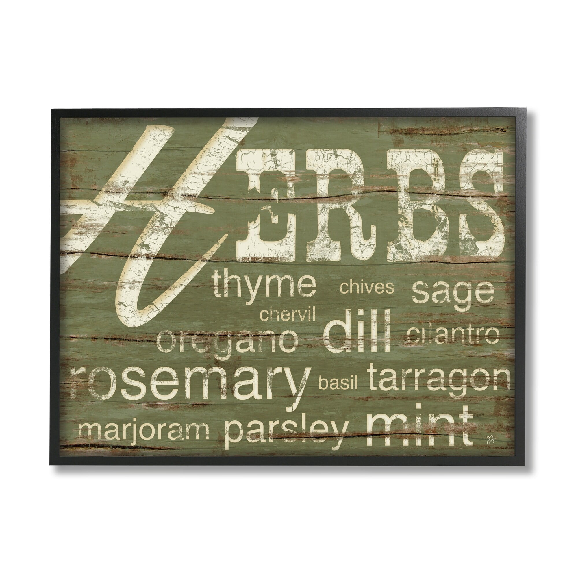 Stupell Industries Herbs and Words Green Kitchen Graphic Art Black Framed Art Print Wall Art, 24x30, by Jennifer Pugh