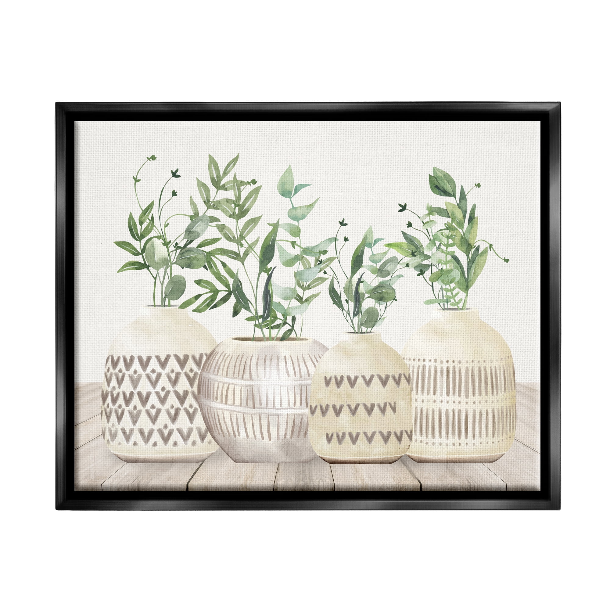 Stupell Industries Herbs in Pottery Still Life Botanical & Floral Painting Black Floater Framed Canvas Art Print Wall Art, 31 x 25