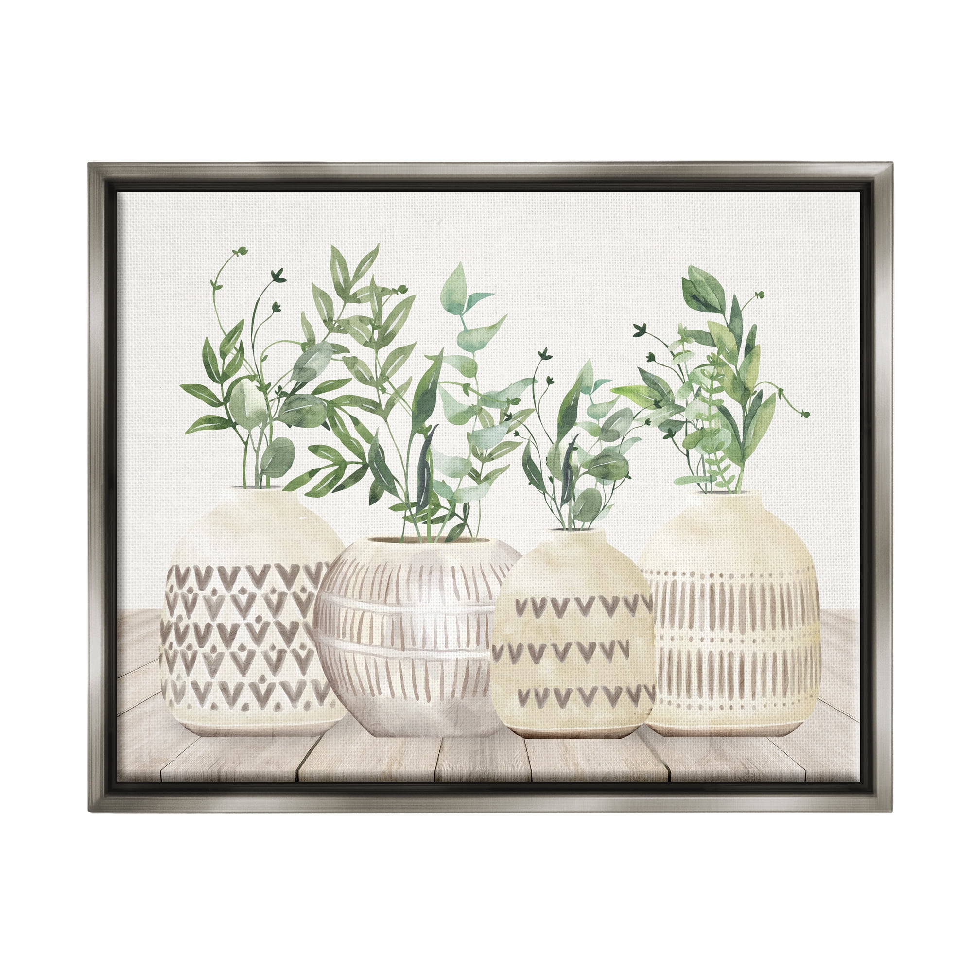 Stupell Industries Herbs in Pottery Still Life Botanical & Floral Painting Gray Floater Framed Canvas Art Print Wall Art, 31 x 25