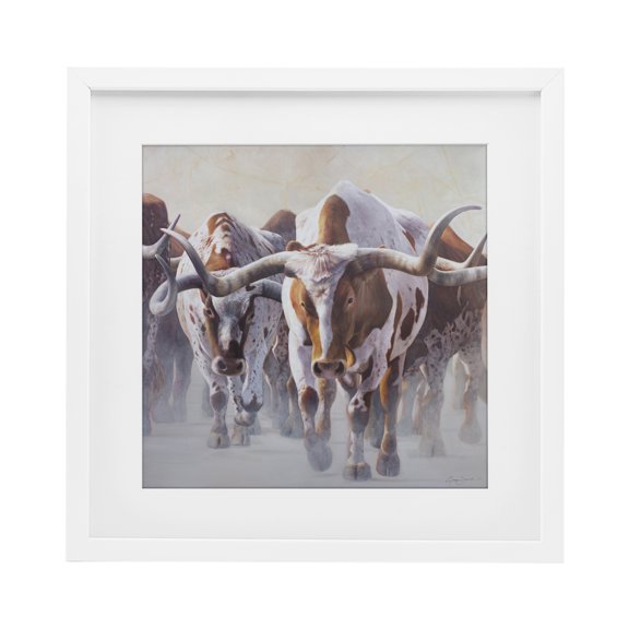 Stupell Industries Southwestern Herd of Longhorns on Ranch White Framed Print Under Glass, 13 x 13, by James Corwin
