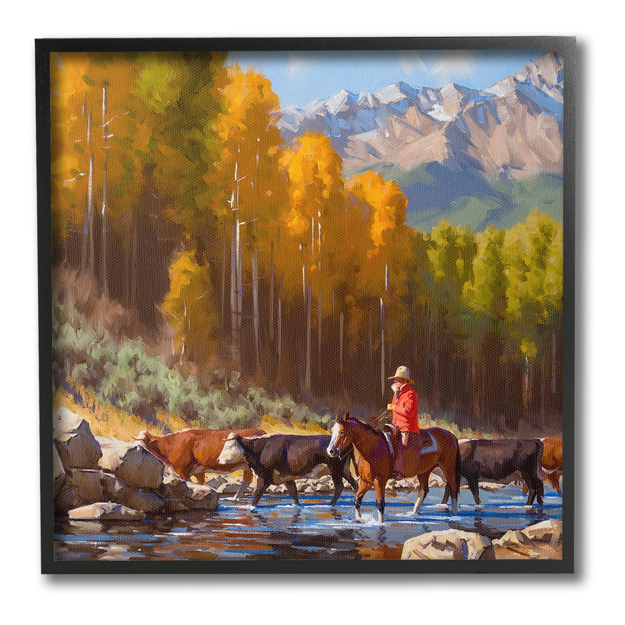 Stupell Industries Herding Cattle Through Stream Landscape Painting Black Framed Art Print Wall Art, 17 x 17