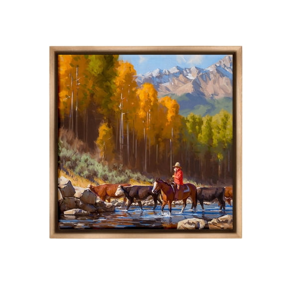 Stupell Industries Herding Cattle Through Stream Landscape Painting Brown Floater Framed Canvas Art Print Wall Art, 18 x 18