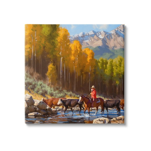 Stupell Industries Herding Cattle Through Stream Landscape Painting Gallery Wrapped Canvas Art Print Wall Art, 17 x 17