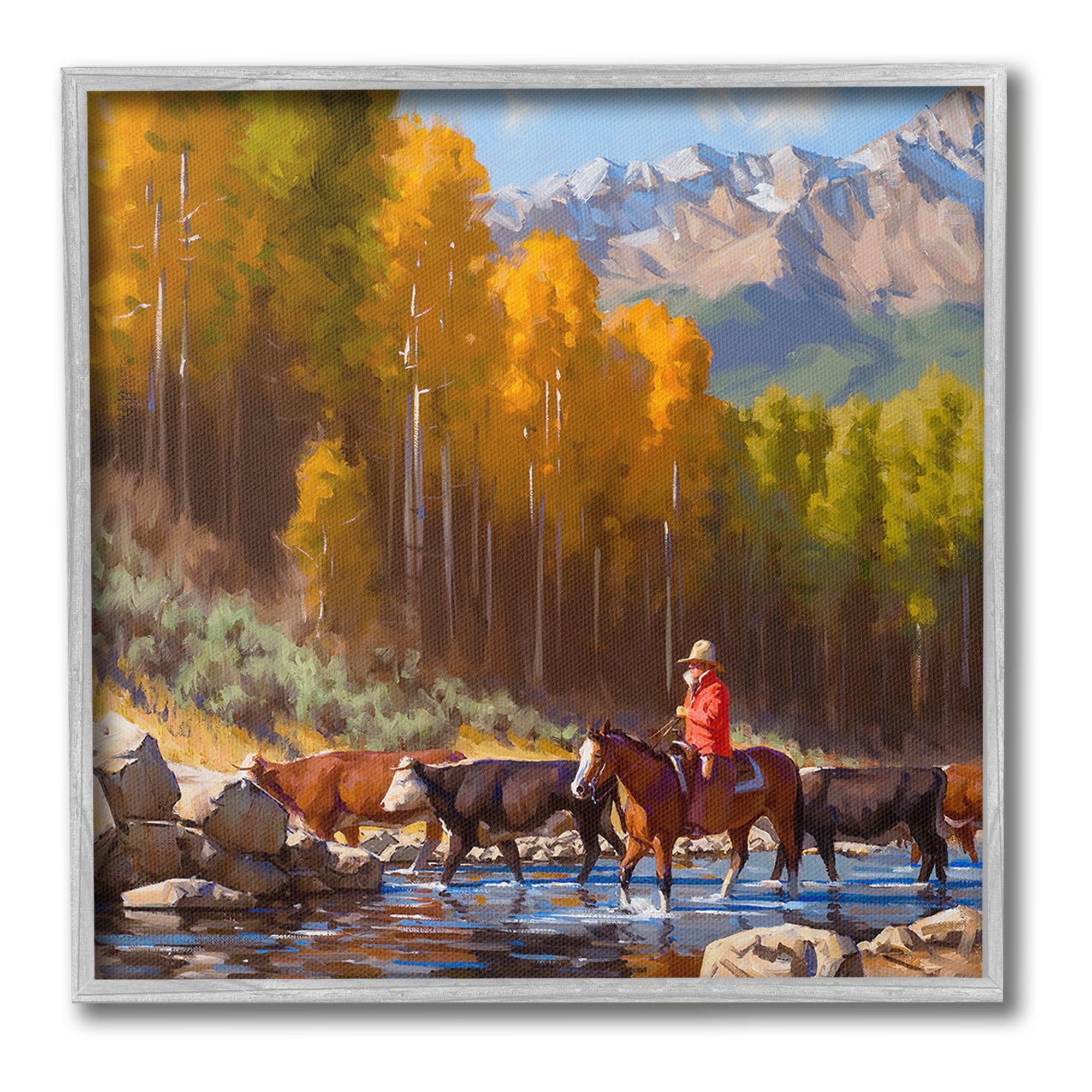 Stupell Industries Herding Cattle Through Stream Landscape Painting Gray Framed Art Print Wall Art, 12 x 12