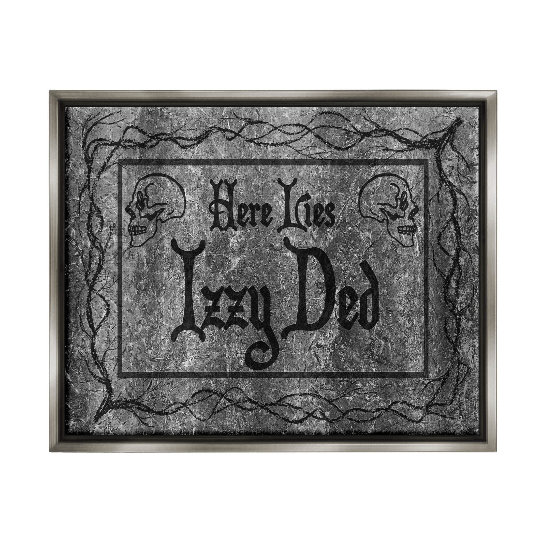 Stupell Industries Here Lies Izzy Ded Gravestone Graphic Art Luster Gray Floating Framed Canvas Print Wall Art, Design by Lil' Rue